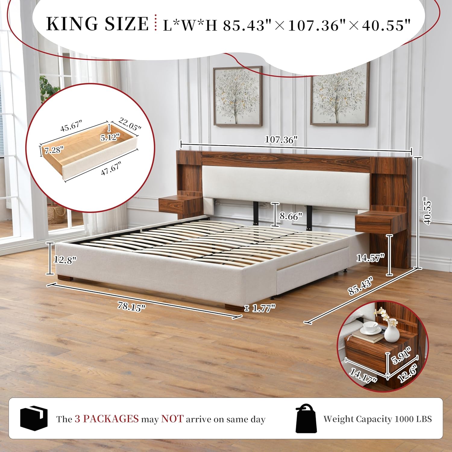 King Size Wood Bed Frame with Built-in Nightstands, Linen Platform Bed Frame with 2 Drawers, Natural Wood Grain & Luxury Upholstered Storage Headboard, No Box Spring Needed, Easy Assembly, Cream