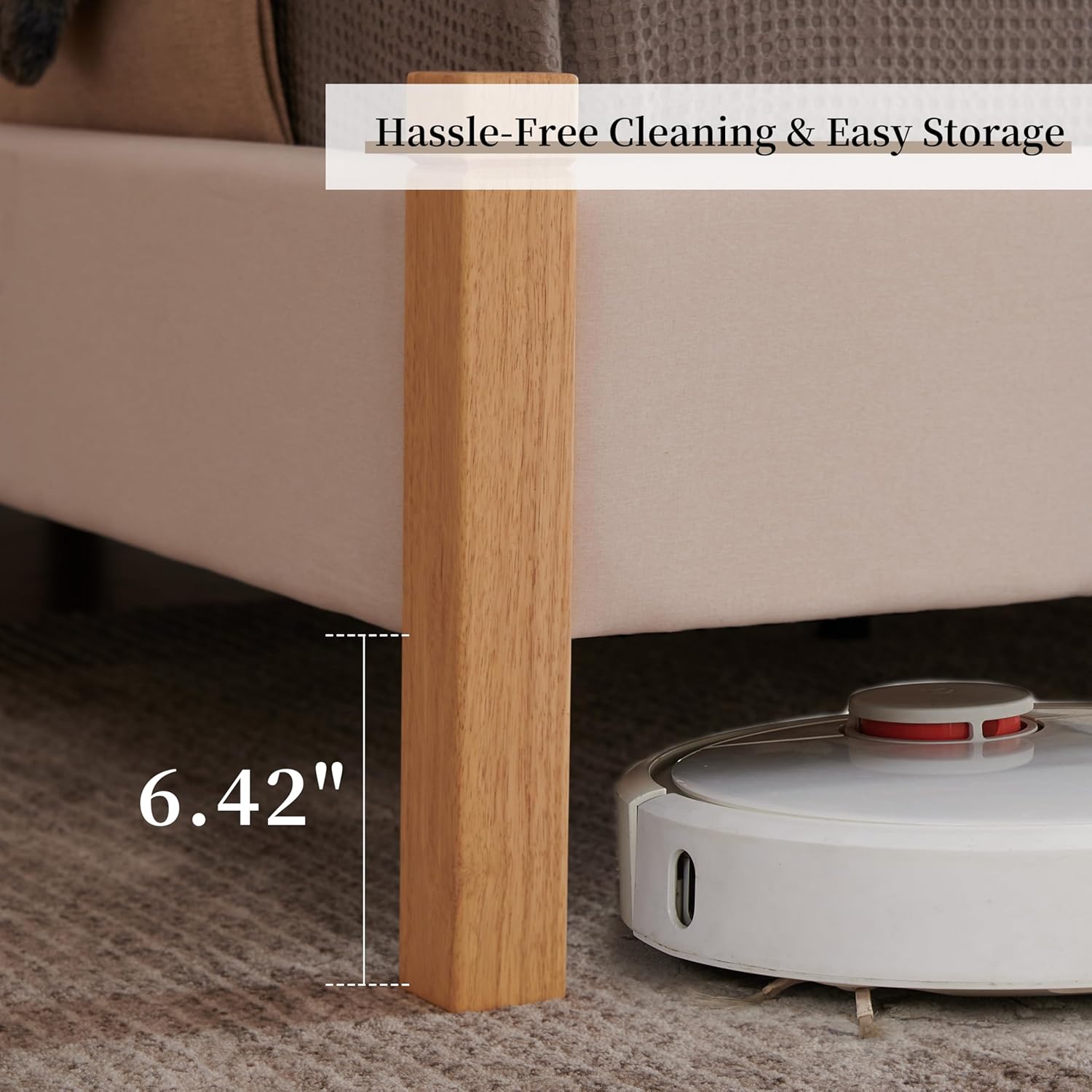 King Size Upholstered Bed Frame, Piano Key-Inspired Headboard, Linen Fabric, 4 Solid Wood Legs, Sturdy Metal & Wood Slats Construction, No Box Spring Needed, Easy Assembly, Beige