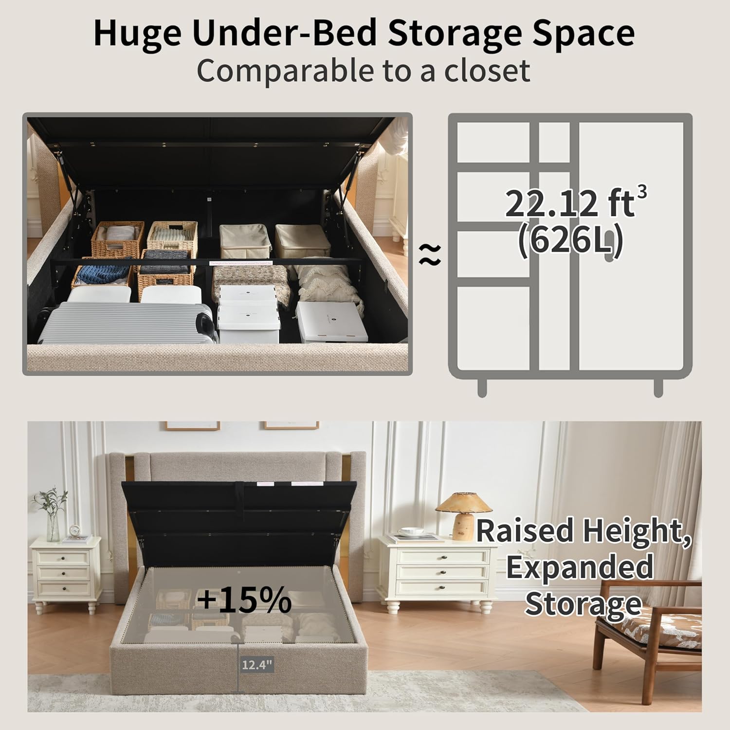 Queen Size Lift Up Storage Bed, Upholstered Platform Bed Frame with Linen Fabric, Solid-Platform Bed with Wide Headboard, Hydraulic Storage, No Box Spring Needed, Eay Assembly, Mink