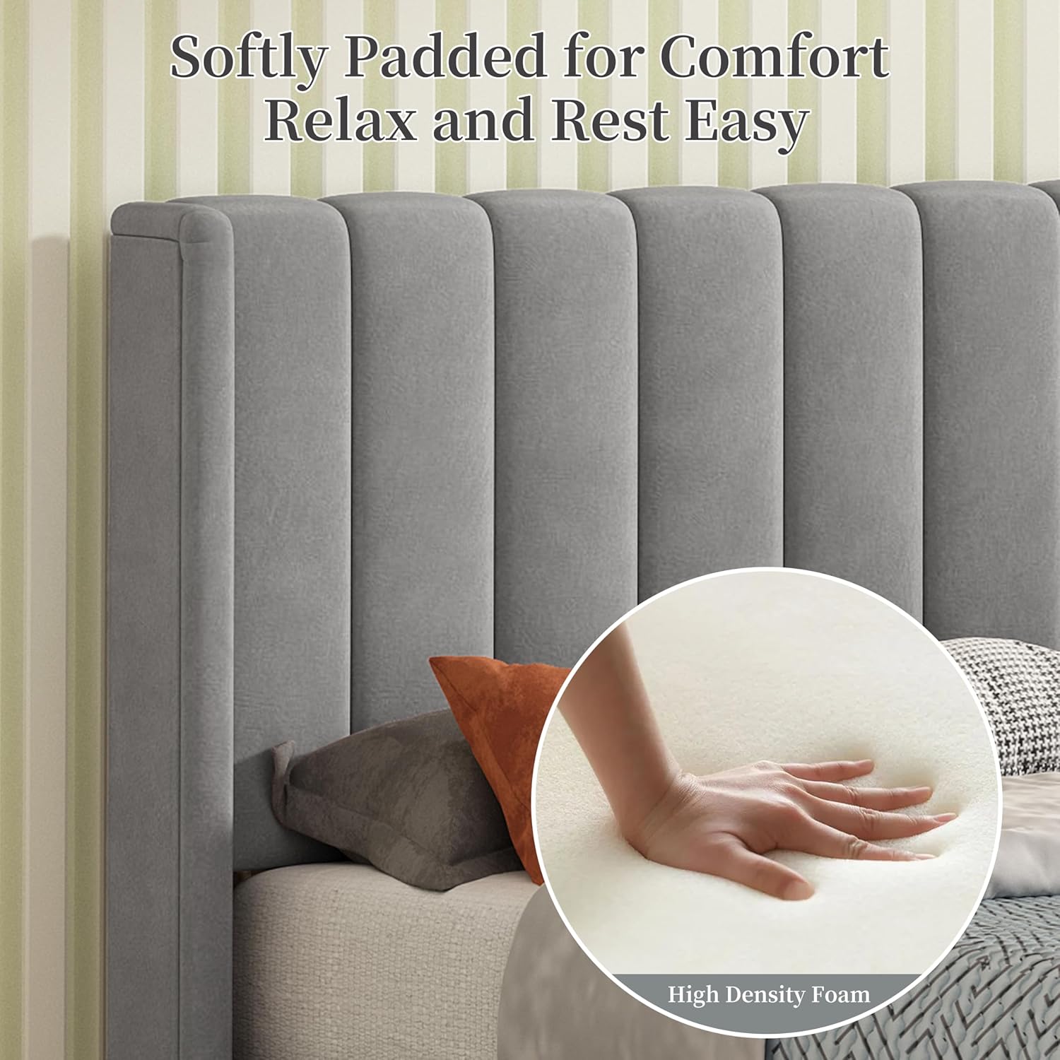 Twin Size Platform Bed Frame with Wingback Headboard, Velvet Fabric Upholsteredand, Metal Frame & Wooden Slats Support, No Box Spring Needed, Easy Assembly, Gray