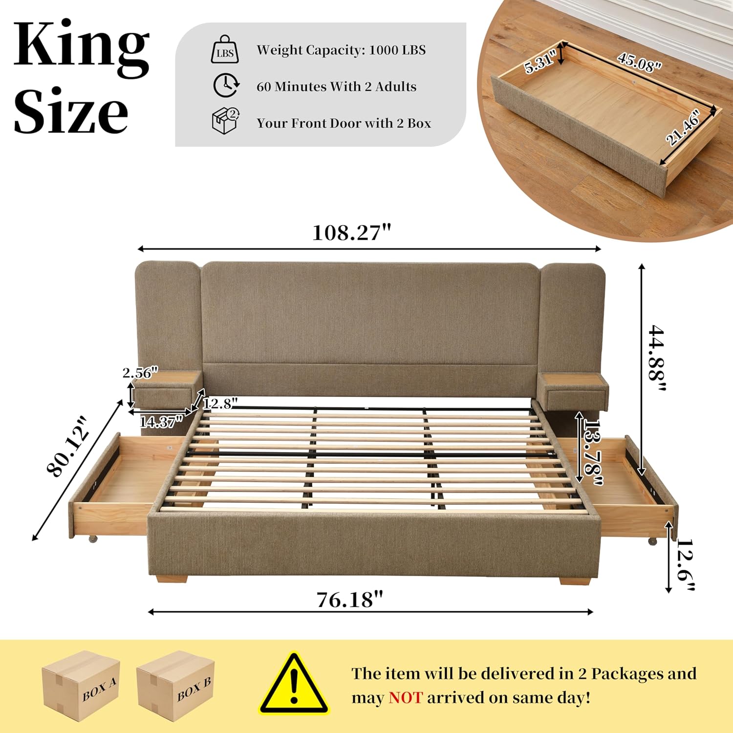 King Size Platform Bed Frame with 2 Built-in Nightstands, Wood Bed Frame with 2 Storage Drawers, Luxury Bed Frame with Chenille Upholstered Headboard, Easy Assembly, No Box Spring Needed, Brown