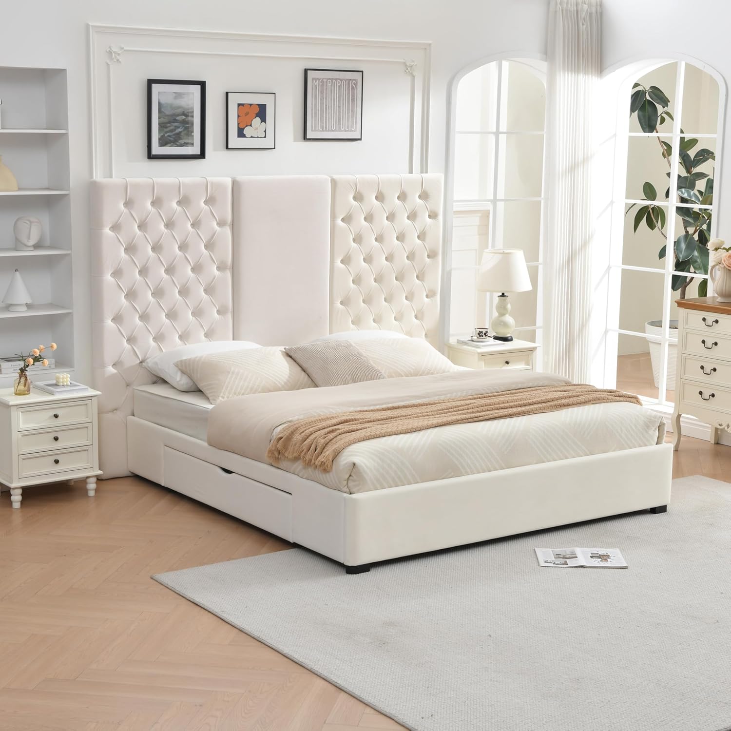 King Size Bed Frame with 63" Tall Headboard, Velvet Fabric Upholstered Platform Bed with 2 Large Storage Drawers, Deep Button Tufted, Wooden Slats, Easy Assembly, No Box Spring Needed, Gray