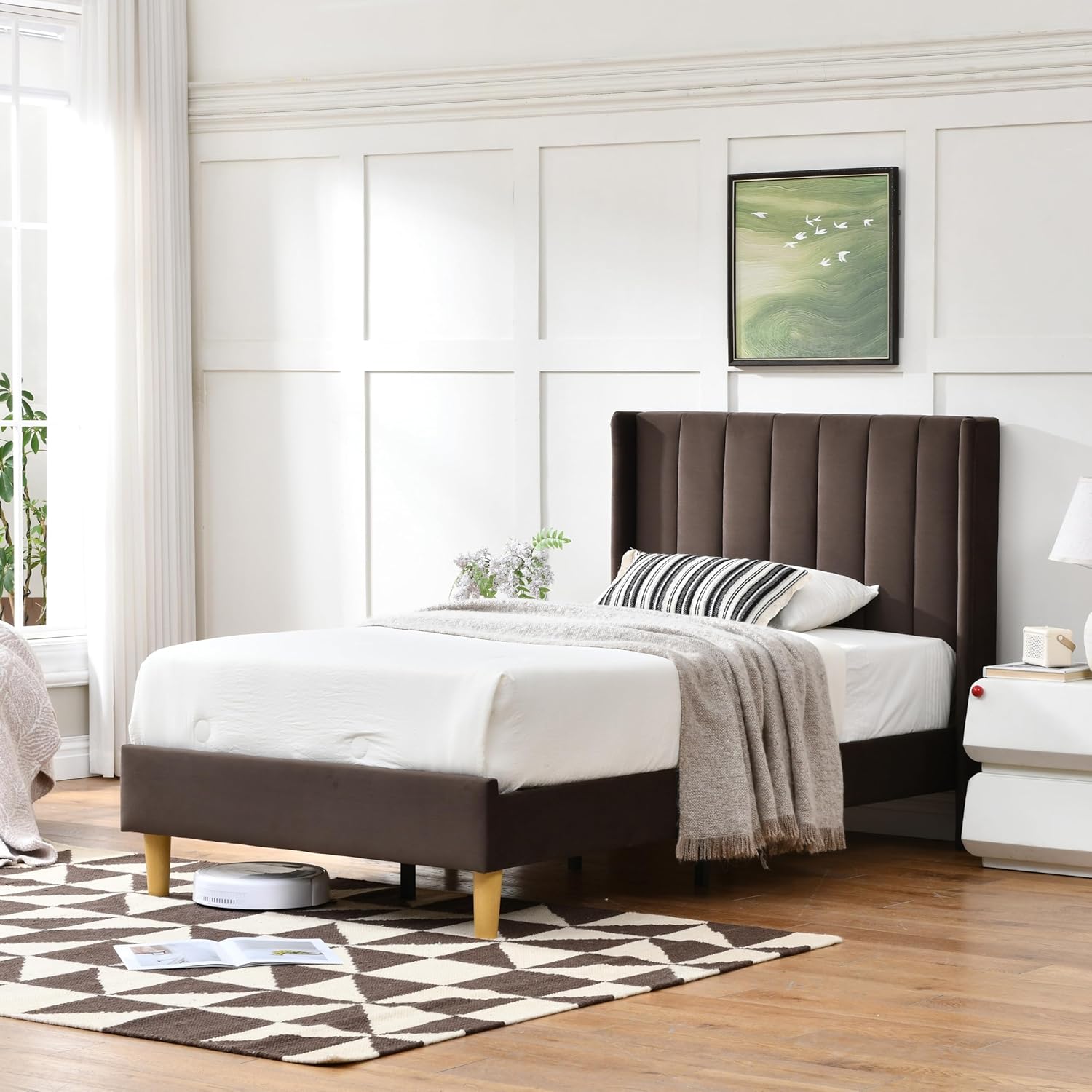 Twin Size Bed Frame, Velvet Upholstered Platform Bed with Vertical Channel Tufted Wingback Headboard, Wooden Slats Support, No Box Spring Needed, Noise-Free, Easy Assembly, Pink