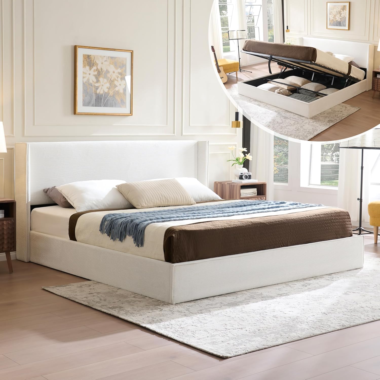 King Size Upholostered Bed Frame with Gas Lift Storage, Modern Wingback Headboard, Hydraulic Support, Corduroy Fabric, Sturdy, No Box Spring Needed, Easy Assembly, Cream
