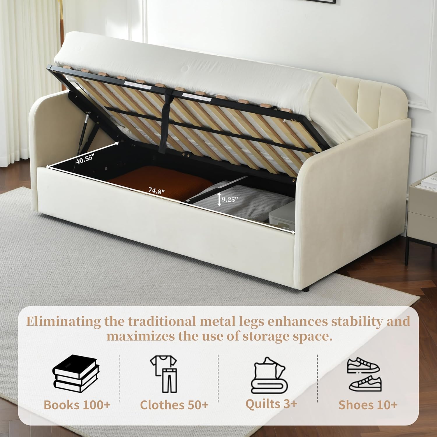 Twin Daybed with Storage, Velvet Upholstered Daybed with Vertical Channel Tufted Headboard, Solid Support, No Box Spring Needed, Easy Assembly, Cream