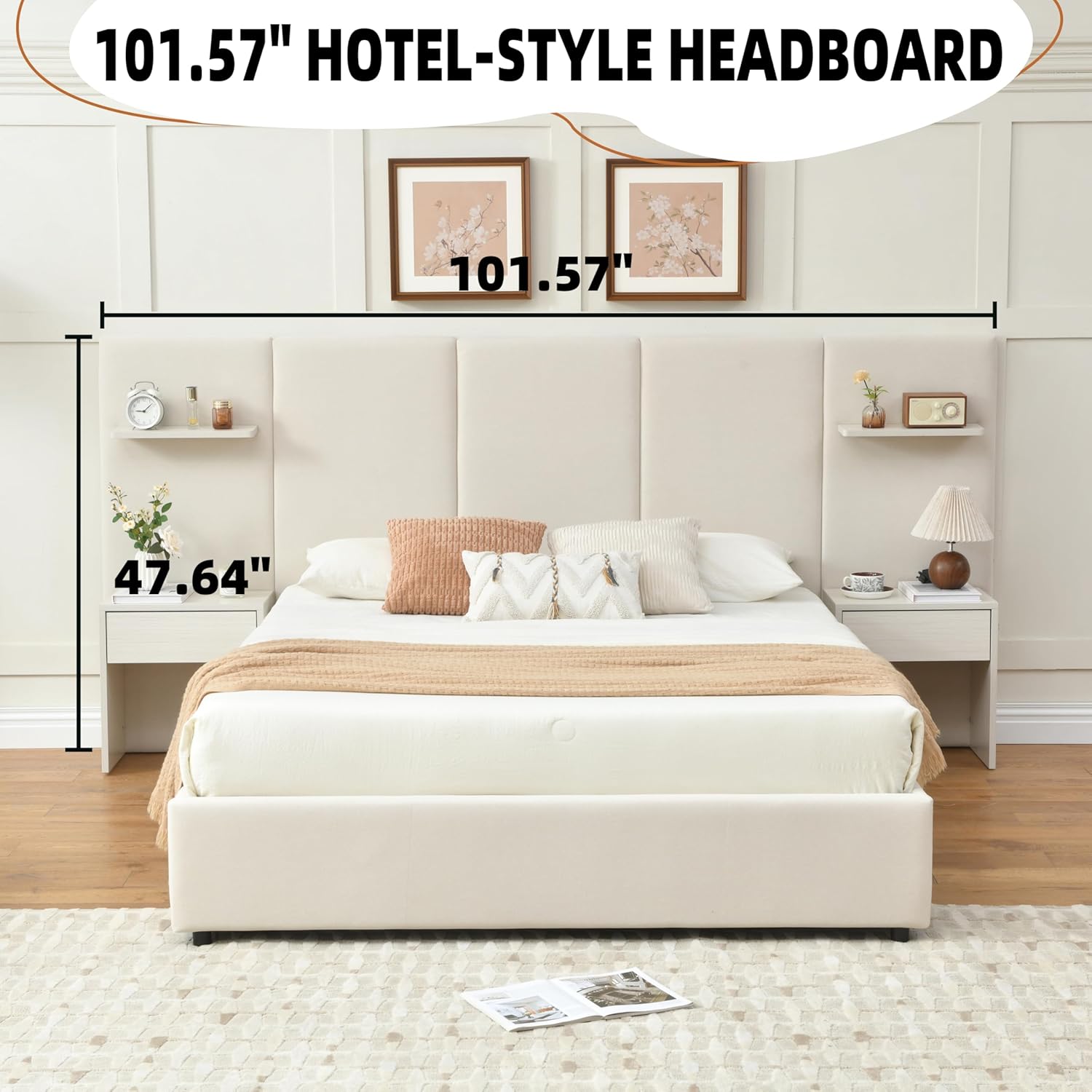 Queen Bed Frame with Storage & Built-in Nightstands, Velvet Upholstered Platform Bed Frame with Drawers & 2 Floating Storage Shelves, Noise-Free, No Box Spring Needed, Easy Assembly, Beige