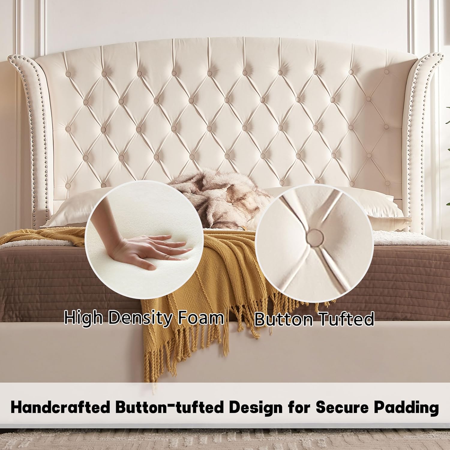 Upholstered Queen Size Bed Frame with 2 Storage Drawers, Button Tufted Wingback Headboard, Heavy Duty Mattress Foundation with Wooden Slats, No Box Spring Needed, Easy Assemable, Beige