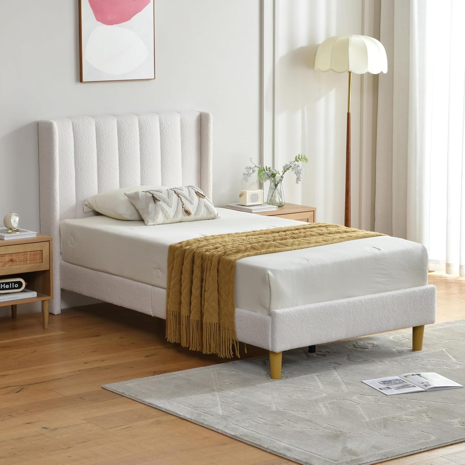 Twin Size Bed Frame, Velvet Upholstered Platform Bed with Vertical Channel Tufted Wingback Headboard, Wooden Slats Support, No Box Spring Needed, Noise-Free, Easy Assembly, Pink