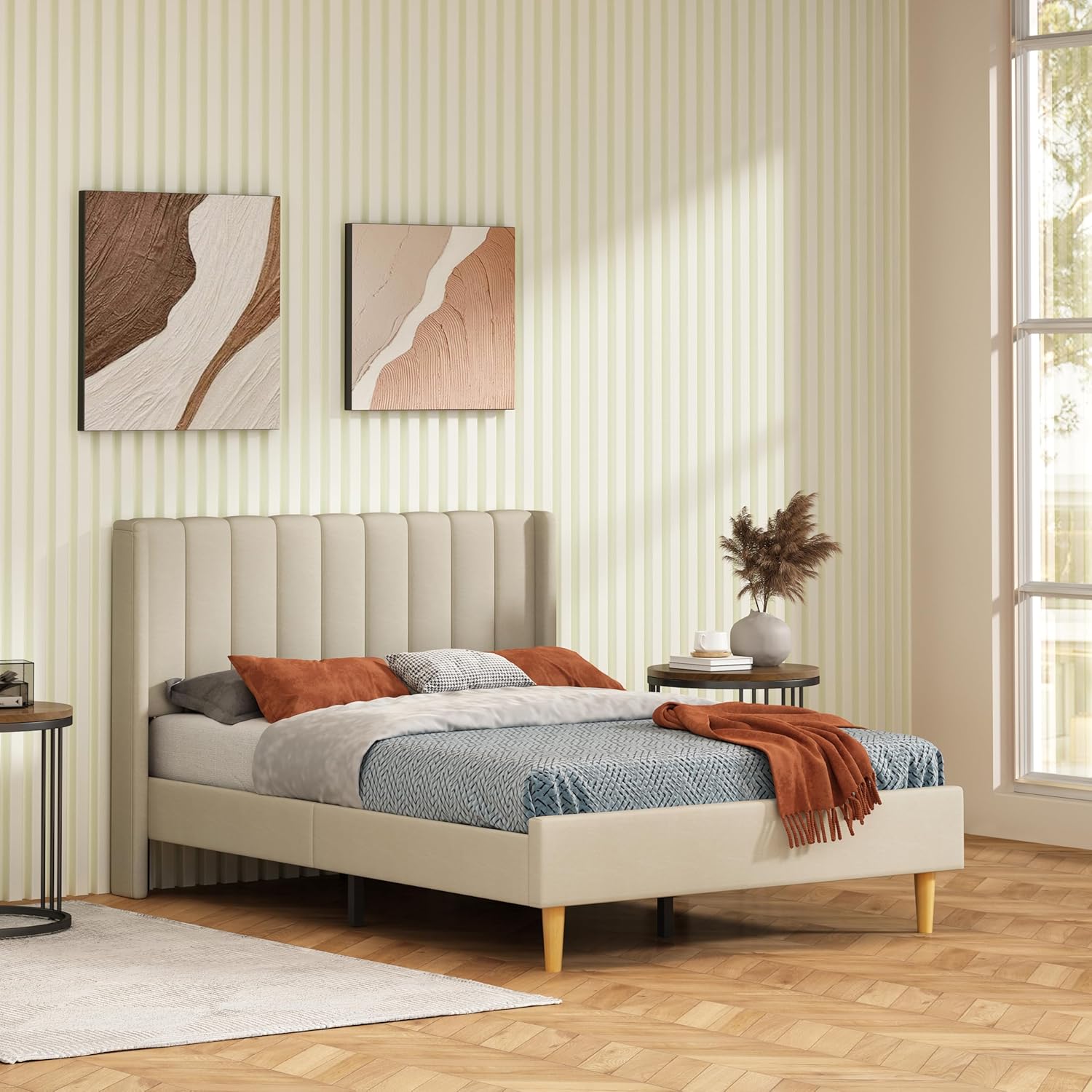 Twin Size Platform Bed Frame with Wingback Headboard, Velvet Fabric Upholsteredand, Metal Frame & Wooden Slats Support, No Box Spring Needed, Easy Assembly, Gray