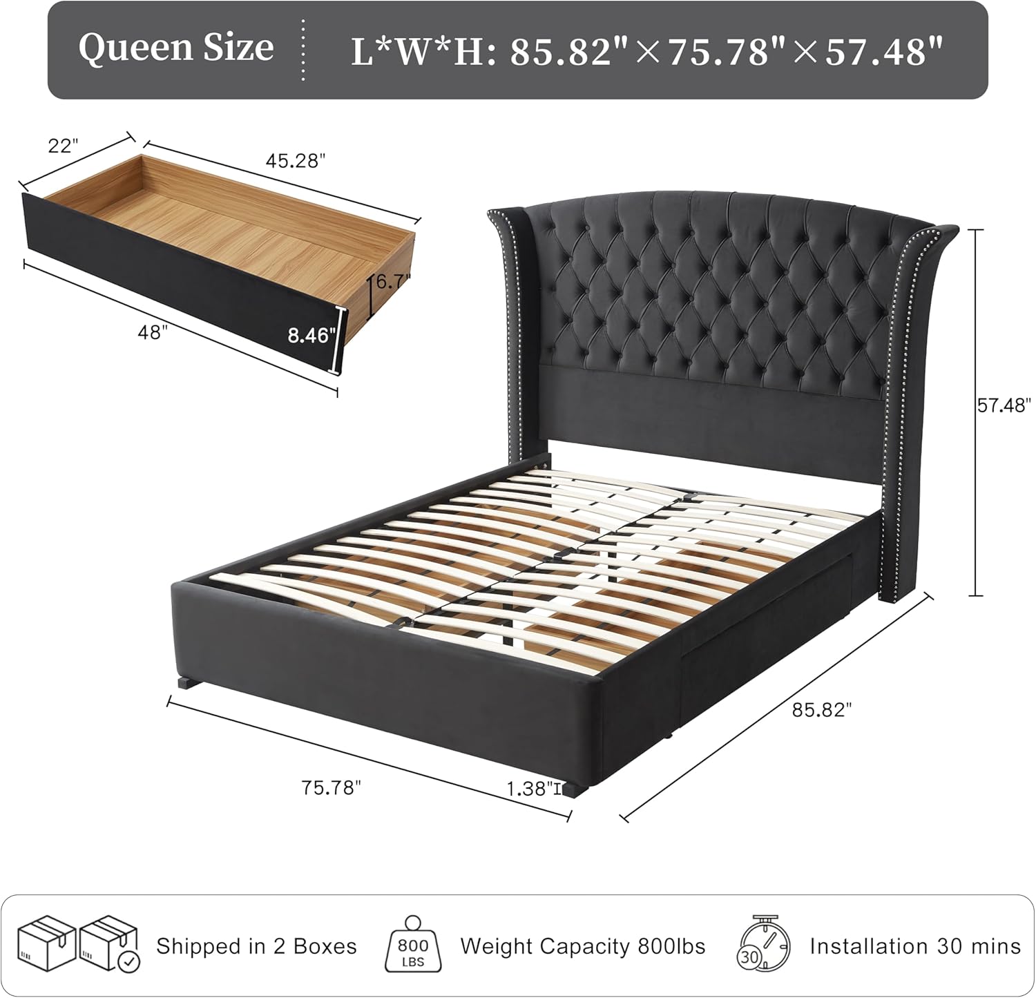 Upholstered Queen Size Bed Frame with 2 Storage Drawers, Button Tufted Wingback Headboard, Heavy Duty Mattress Foundation with Wooden Slats, No Box Spring Needed, Easy Assemable, Ink Blue