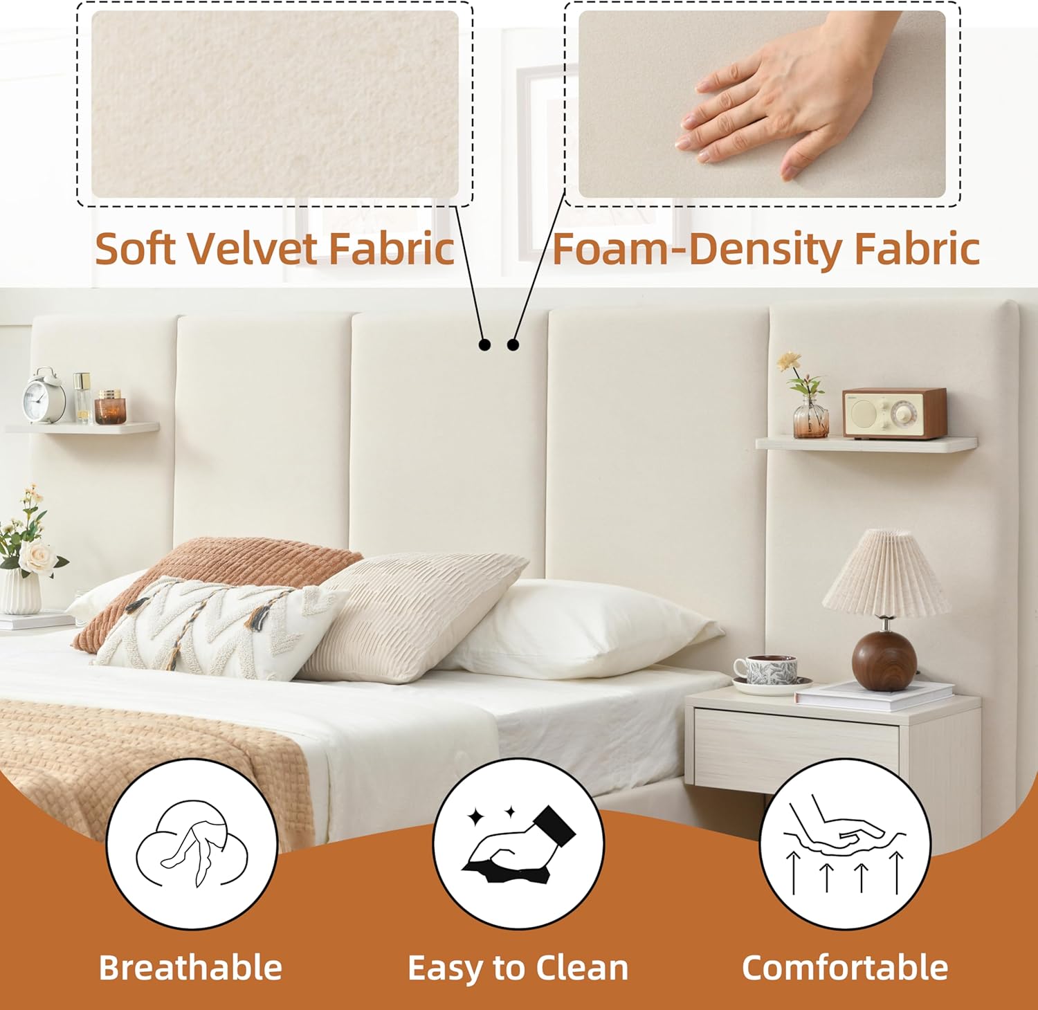 Queen Bed Frame with Storage & Built-in Nightstands, Velvet Upholstered Platform Bed Frame with Drawers & 2 Floating Storage Shelves, Noise-Free, No Box Spring Needed, Easy Assembly, Beige