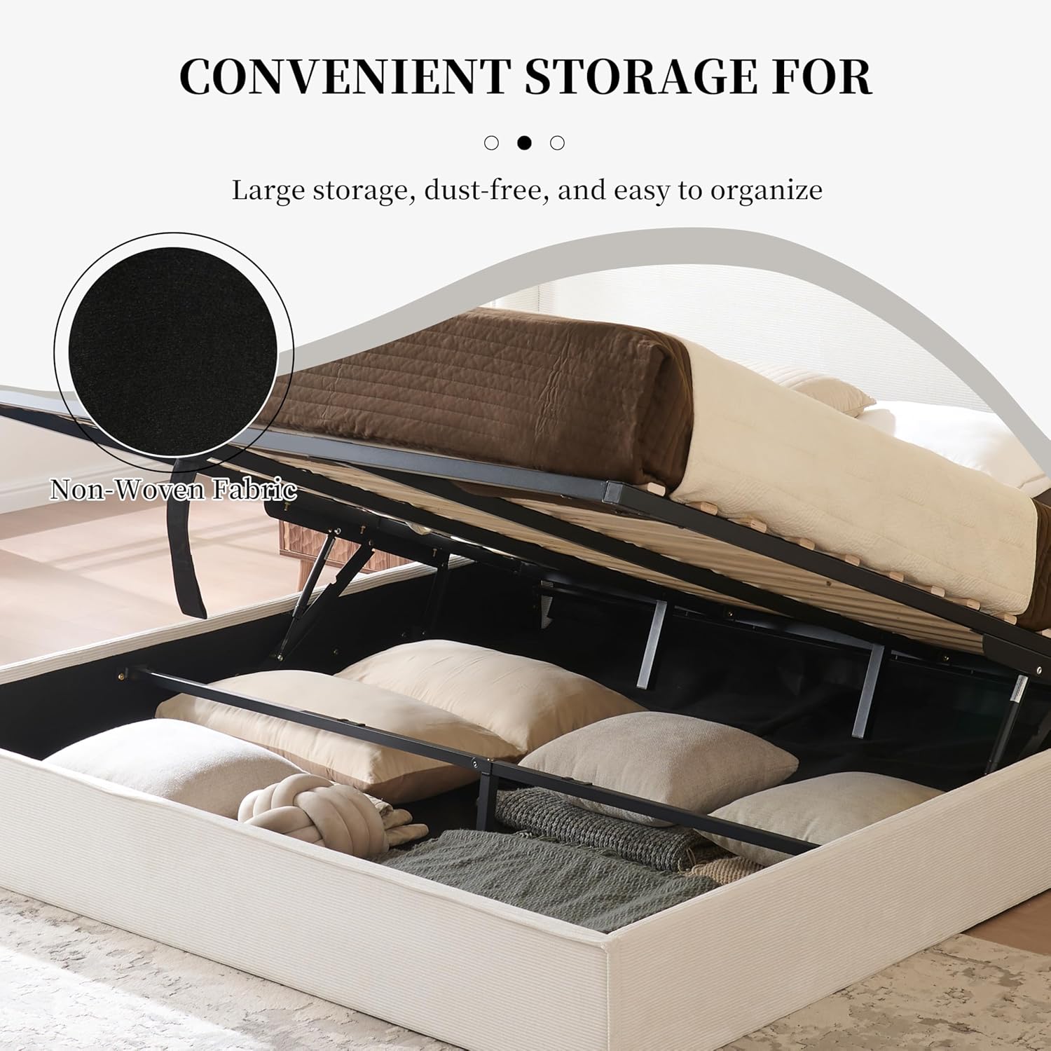 King Size Upholostered Bed Frame with Gas Lift Storage, Modern Wingback Headboard, Hydraulic Support, Corduroy Fabric, Sturdy, No Box Spring Needed, Easy Assembly, Cream