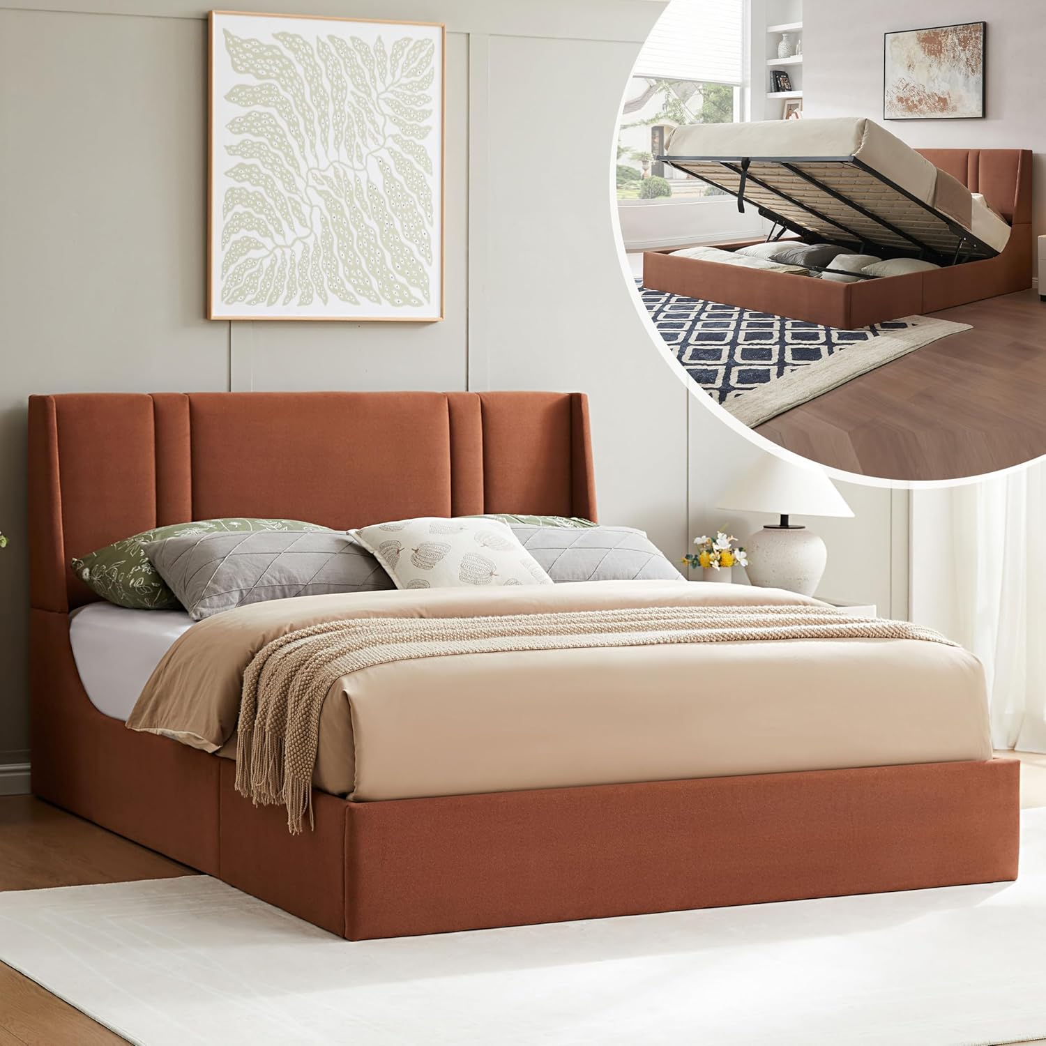 Queen Size Velvet Lift Up Storage Bed, Modern Wingback Headboard, Upholstered Platform Bed with Hydraulic Support, Metal Frame & Wood Slats, No Box Spring Needed, Easy Assembly, Ocher