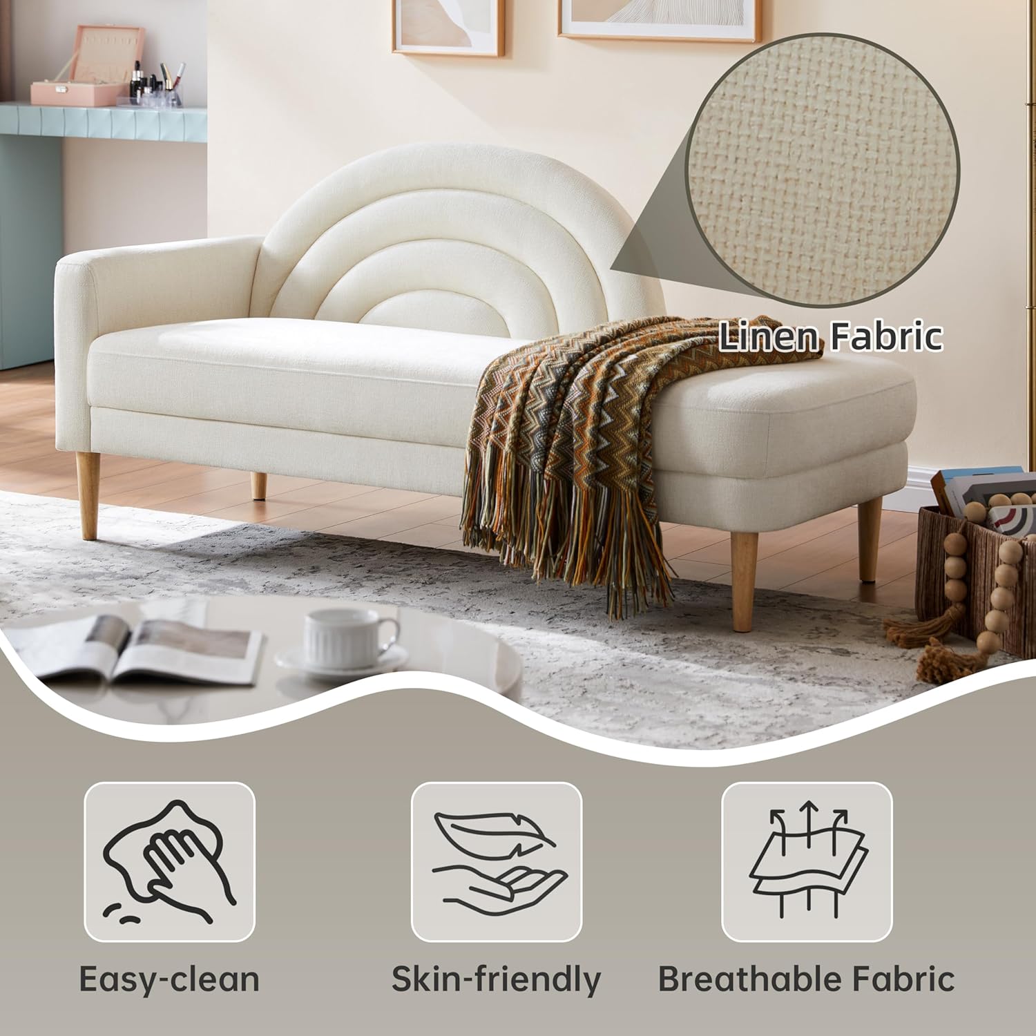 31.5" Chaise Lounge Chair Indoor with Right Armrest, Upholstered Furniture Linen Sofa Bed, Modern Sleeper Couch, Recliner Chair Lounge Sofa for Bedroom/Office/Living Room,Easy Assembly, Cream