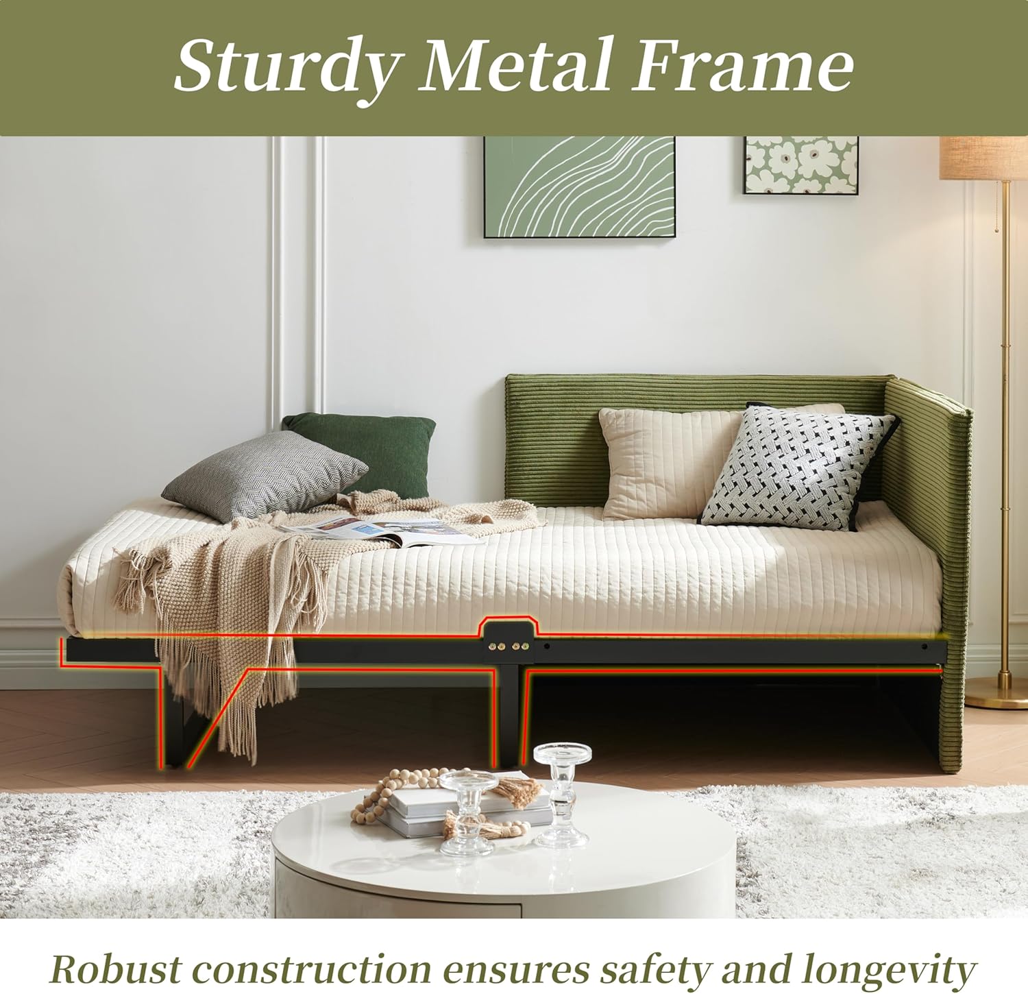 Twin Size Daybed Frame, Corduroy Upholstered Sofa Bed Guest Bed with Versatile Side Placement, Wood Slat Support, Perfect for Kids & Teens Rooms, No Box Spring Needed, Easy Assembly, Cream