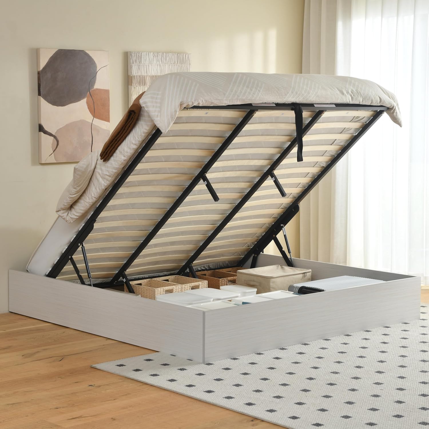 King Size Lift Up Storage Platform Bed Frame, Wood Bed Frame with Metal & Slats Support, Wooden Bed Frame Without Headboard, No Box Spring Needed, Easy Assembly, Rustic Off White