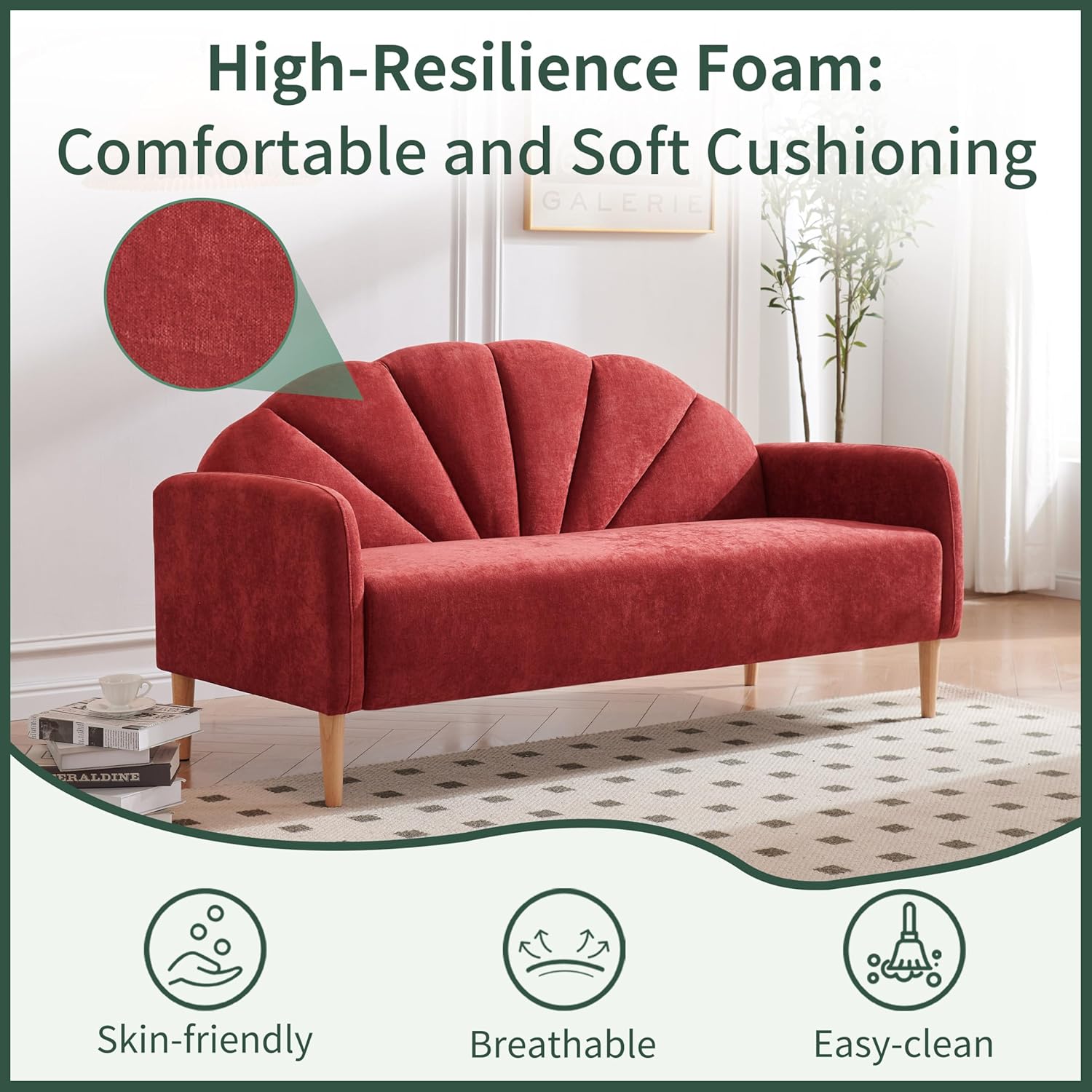 64.37" Modern loveseat Sofa, Linen Fabric Upholstered with Curved Back and Wood Legs, 3-Seater Sofa Couch for Living Room, Small Couch for Small Spaces, Easy Assemlby, Wine Red