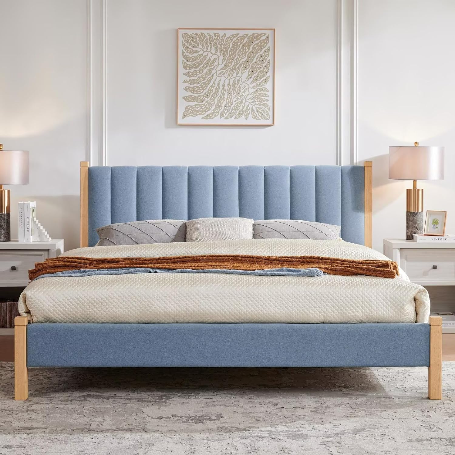 King Size Upholstered Bed Frame, Piano Key-Inspired Headboard, Linen Fabric, 4 Solid Wood Legs, Sturdy Metal & Wood Slats Construction, No Box Spring Needed, Easy Assembly, Beige