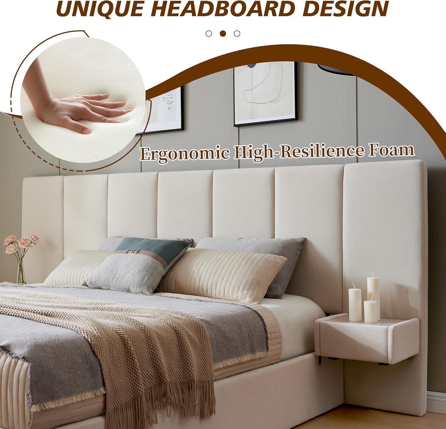 Upholstered Lift Storage Queen Size Bed Frame with Velvet Headboard, 2 Drawers & 9.6" Under-Bed Storage, No Box Spring Needed, Ergonomic Design for Ultimate Comfort, Beige