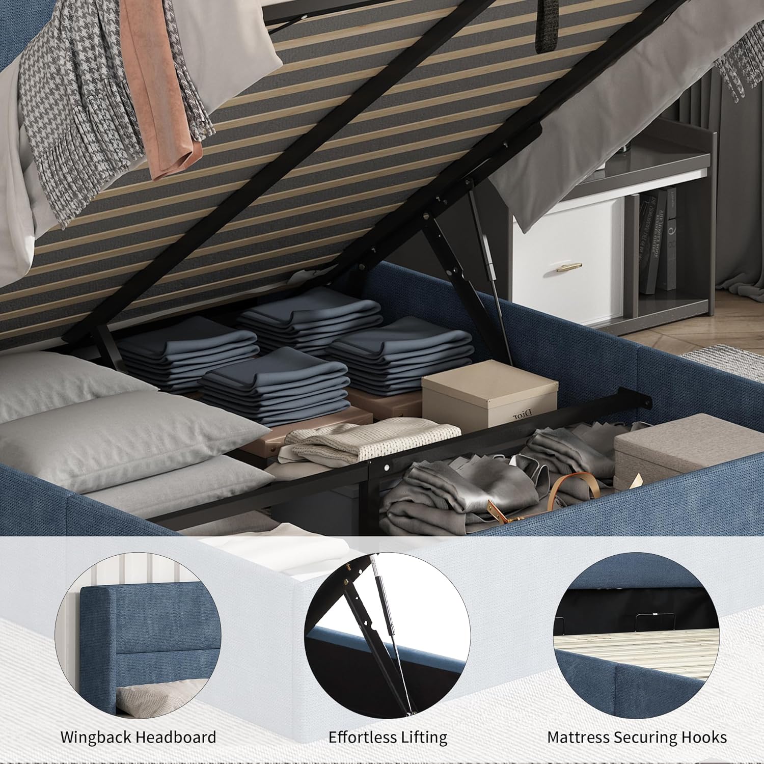 King Size Bed Frame with Storage, Upholstered Platform with Hydraulic, Flannel Fabric Wingback Headboard, Noiseless Wooden Slat Support, No Box Spring Needed, Misty Blue