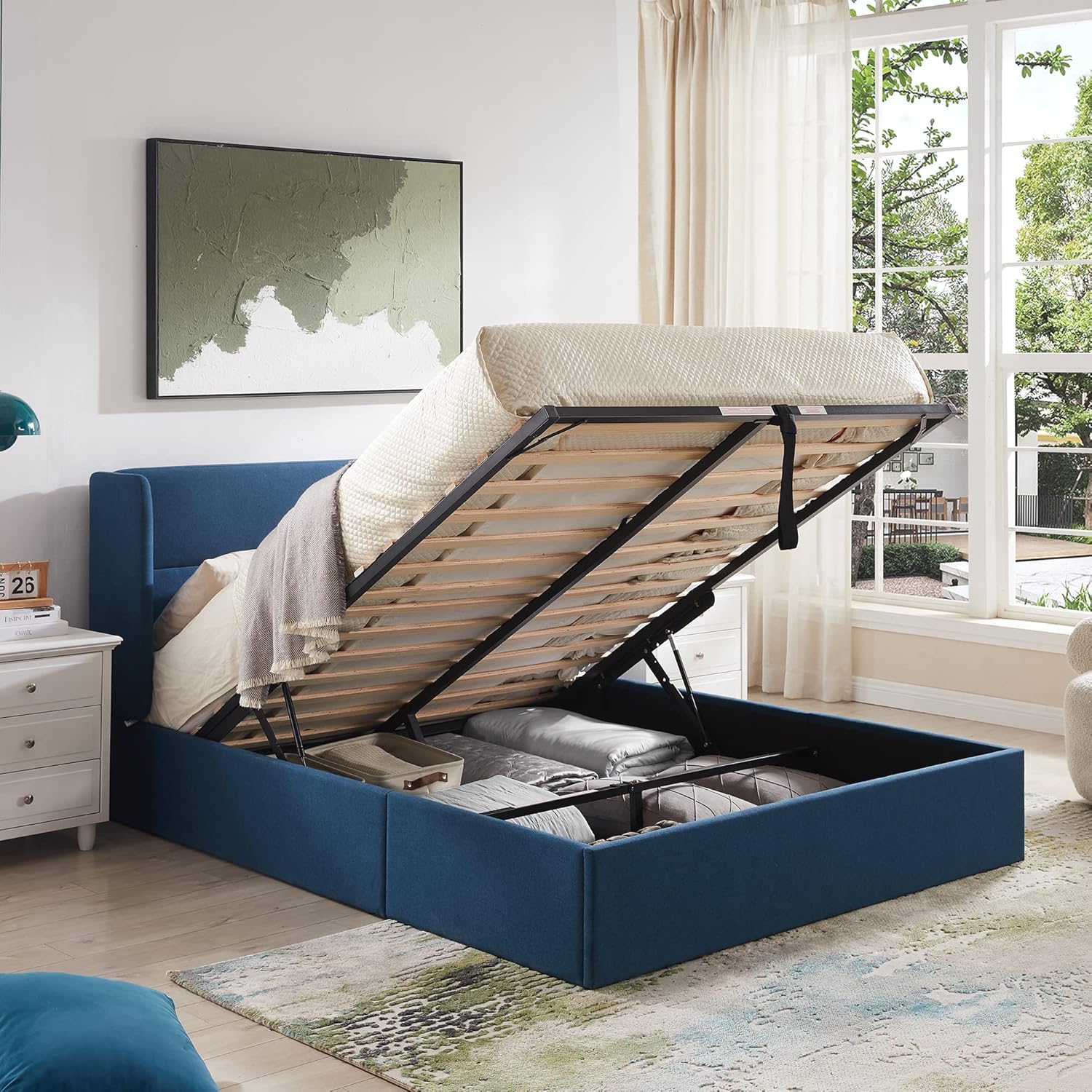 Full Size Upholstered Platform Bed Frame with Wingback Headboard, Wood Slats Support, Noiseless, Easy Assembly, No Box Spring Needed, Light Grey