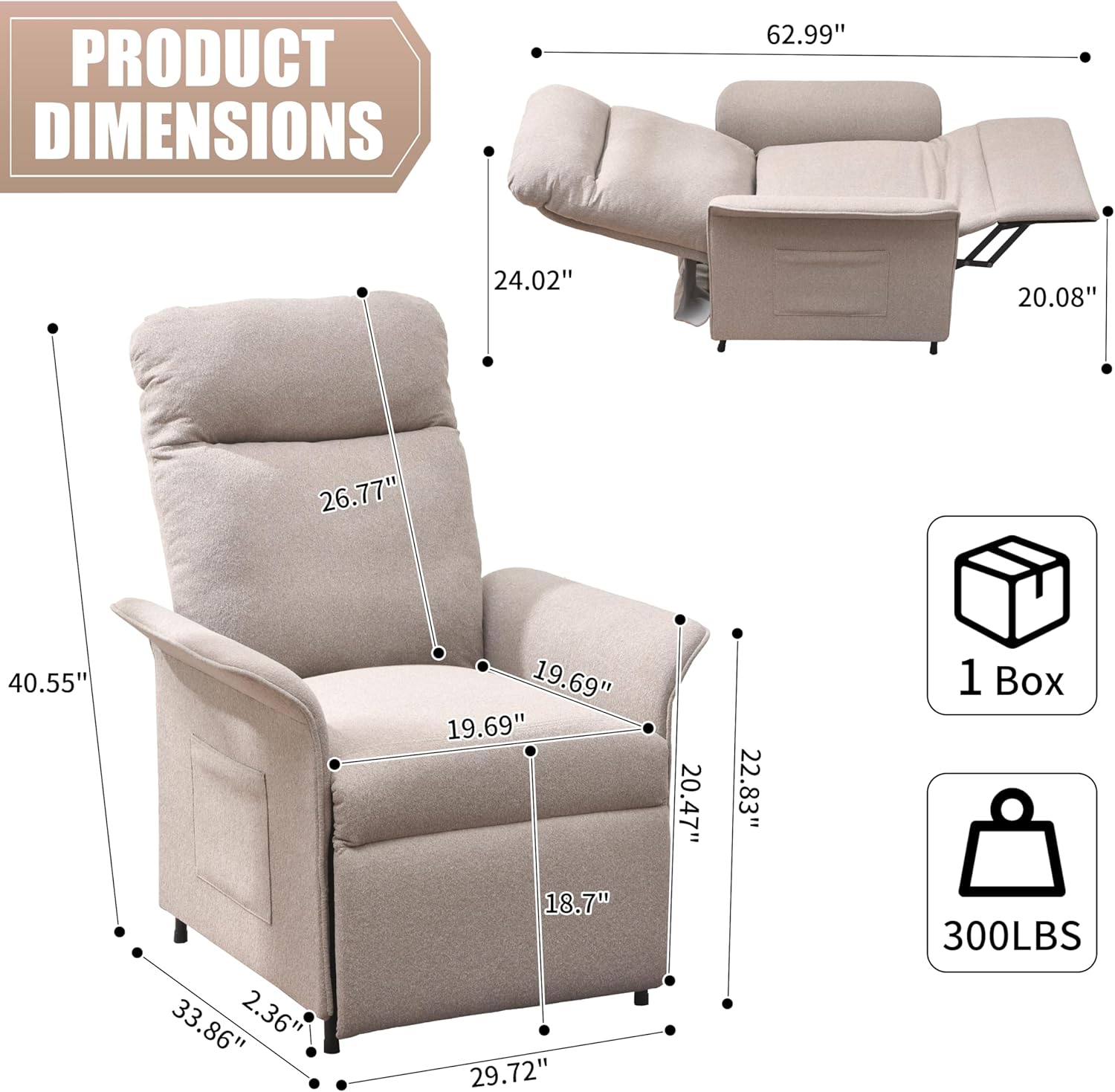 Power Recliner Chair, Adjustable Electric Recliner Chairs for Adults, Sleeper Sofa Bed with Remote Control & Side Pocket, Linen Upholstered Chair for Living Room/Bedroom, Easy Assembly,Brown