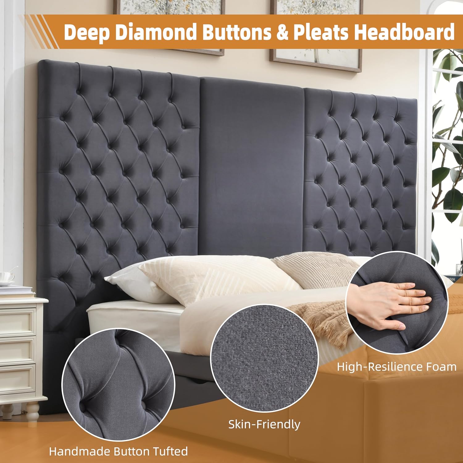 King Size Bed Frame with 63" Tall Headboard, Velvet Fabric Upholstered Platform Bed with 2 Large Storage Drawers, Deep Button Tufted, Wooden Slats, Easy Assembly, No Box Spring Needed, Gray