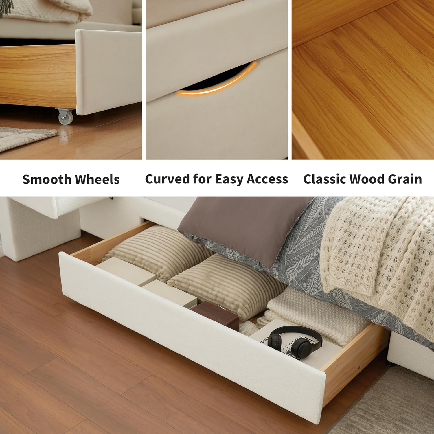 King Size Bed Frame with 2 Storage Drawers, Platform Bed Frame with Velvet Fabric, Wood Bed Frame with Headboard & Storage Underneath, Wooden Slats, No Box Spring Needed, Easy Assembly, Cream