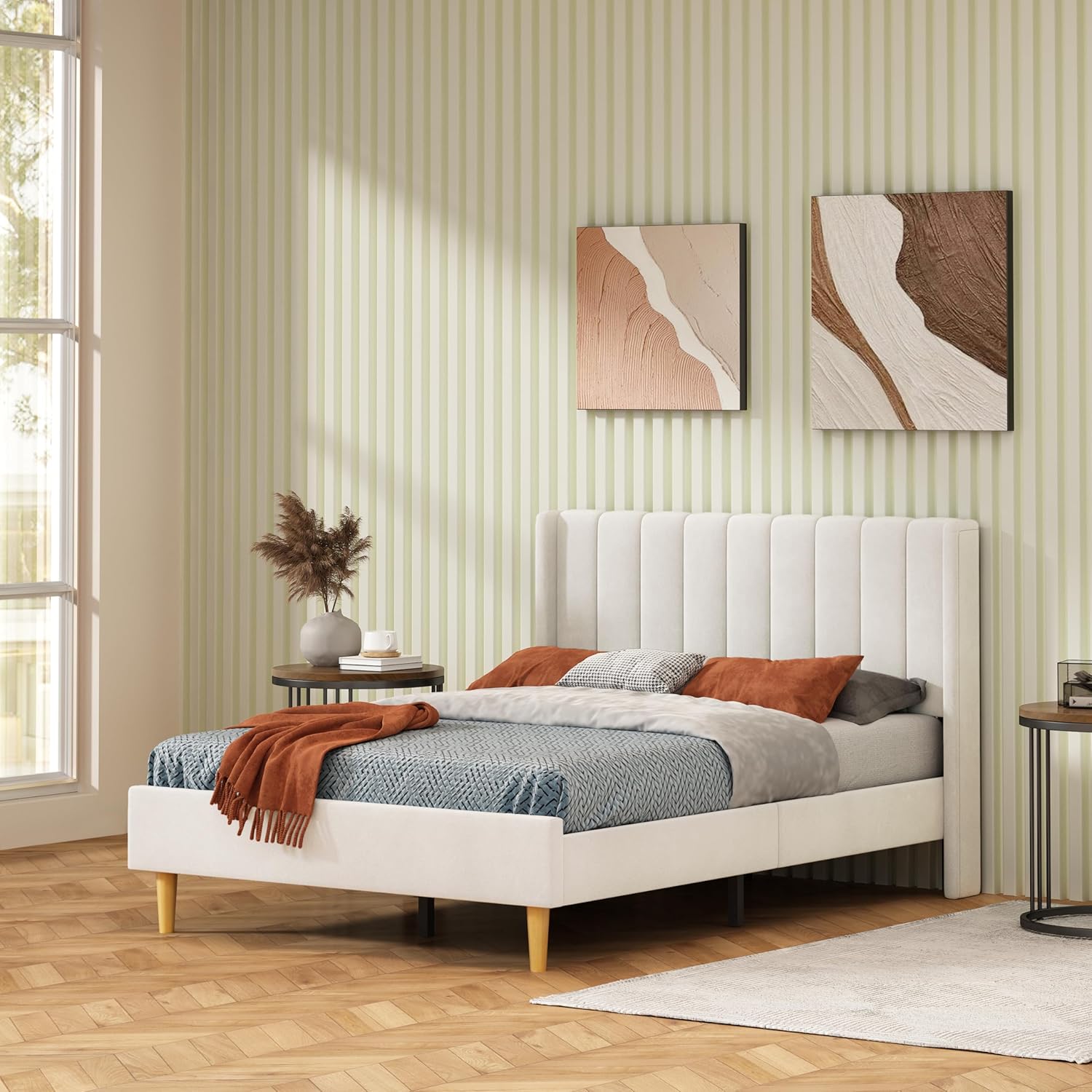 Twin Size Platform Bed Frame with Wingback Headboard, Velvet Fabric Upholsteredand, Metal Frame & Wooden Slats Support, No Box Spring Needed, Easy Assembly, Gray