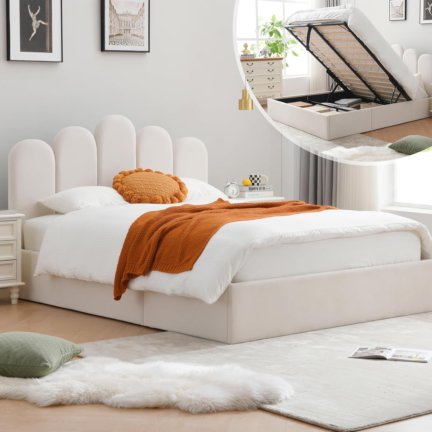 Lift Up Storage Bed Full Size, Upholstered Platform Bed with Hydraulic Storage System & Wood Slats Support, Full Bed Frame with Headboard, No Box Spring Needed, Easy Assembly, Green