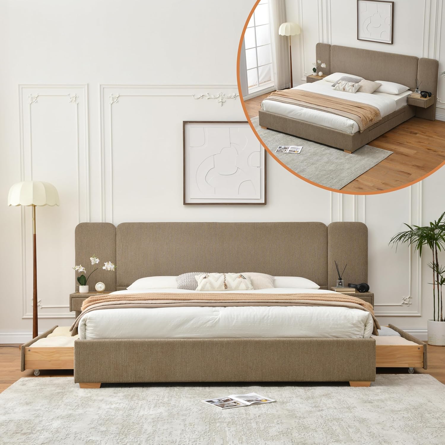 King Size Platform Bed Frame with 2 Built-in Nightstands, Wood Bed Frame with 2 Storage Drawers, Luxury Bed Frame with Chenille Upholstered Headboard, Easy Assembly, No Box Spring Needed, Brown