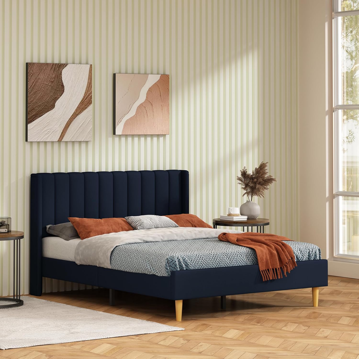 Twin Size Bed Frame, Velvet Upholstered Platform Bed with Vertical Channel Tufted Wingback Headboard, Wooden Slats Support, No Box Spring Needed, Noise-Free, Easy Assembly, Pink