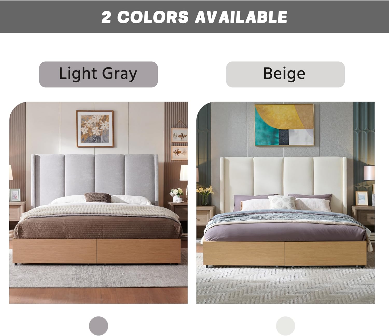 Queen Size Upholstered Bed Frame, Extra High Wingback Headboard and 2 Footboard Storage Drawers, Linen Fabric, Light Oak Wood-Finish Base, No Box Spring Needed, Easy Assembly, Light Gray