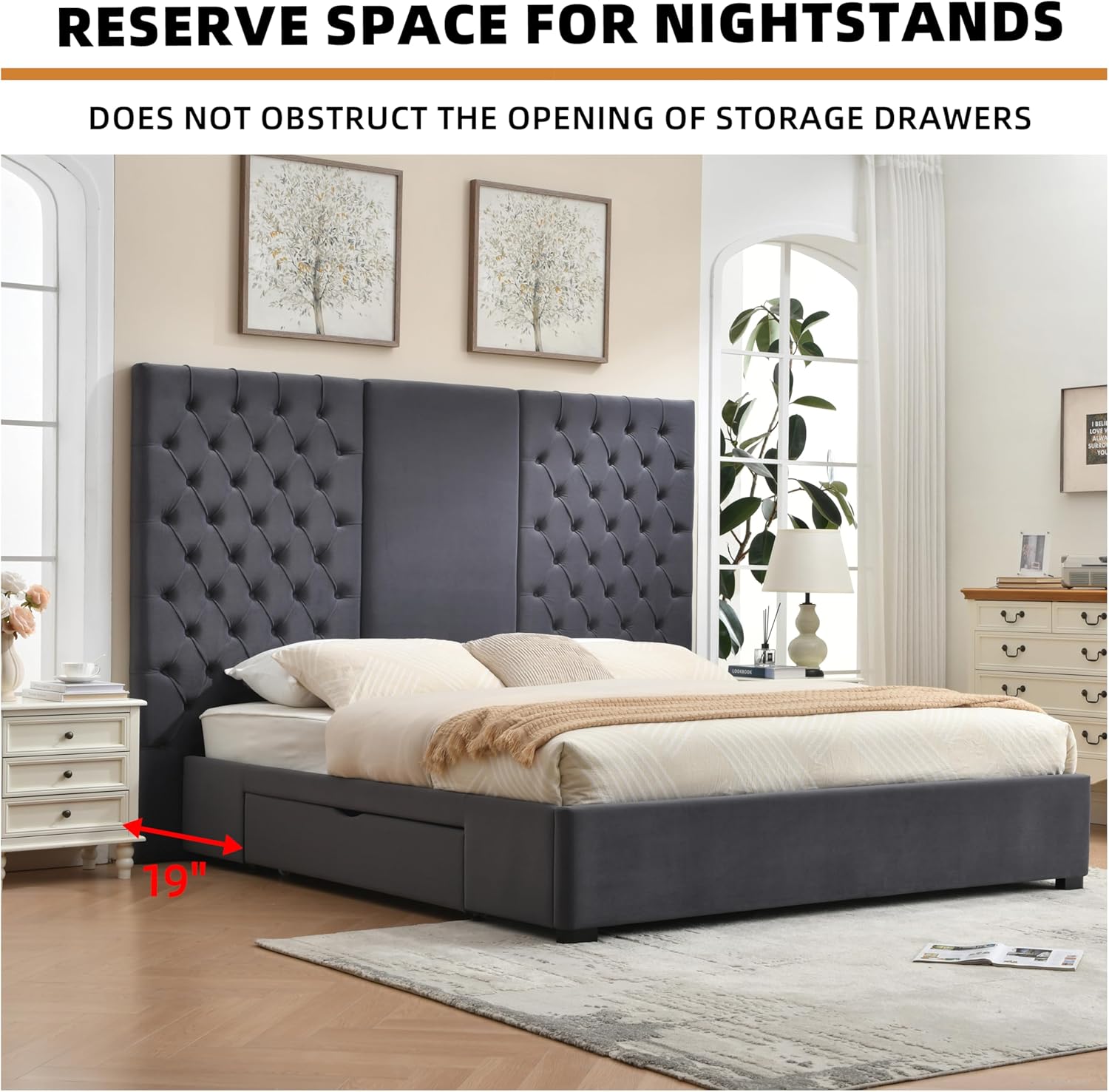 King Size Bed Frame with 63" Tall Headboard, Velvet Fabric Upholstered Platform Bed with 2 Large Storage Drawers, Deep Button Tufted, Wooden Slats, Easy Assembly, No Box Spring Needed, Gray