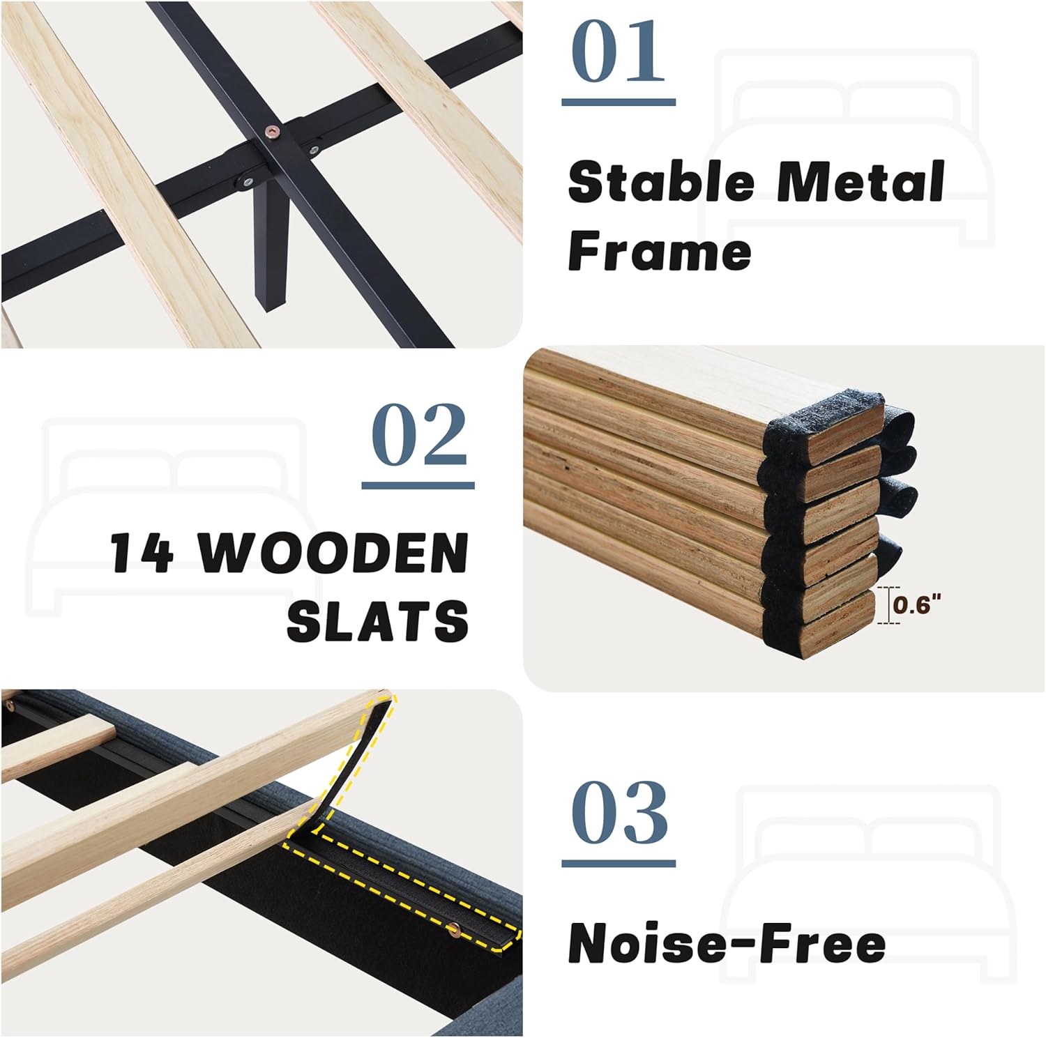 Queen Size Upholstered Bed Frame, Piano Key-Inspired Headboard, Linen Fabric, 4 Solid Wood Legs, Sturdy Metal & Wood Slats Construction, No Box Spring Needed, Easy Assembly, Light Blue