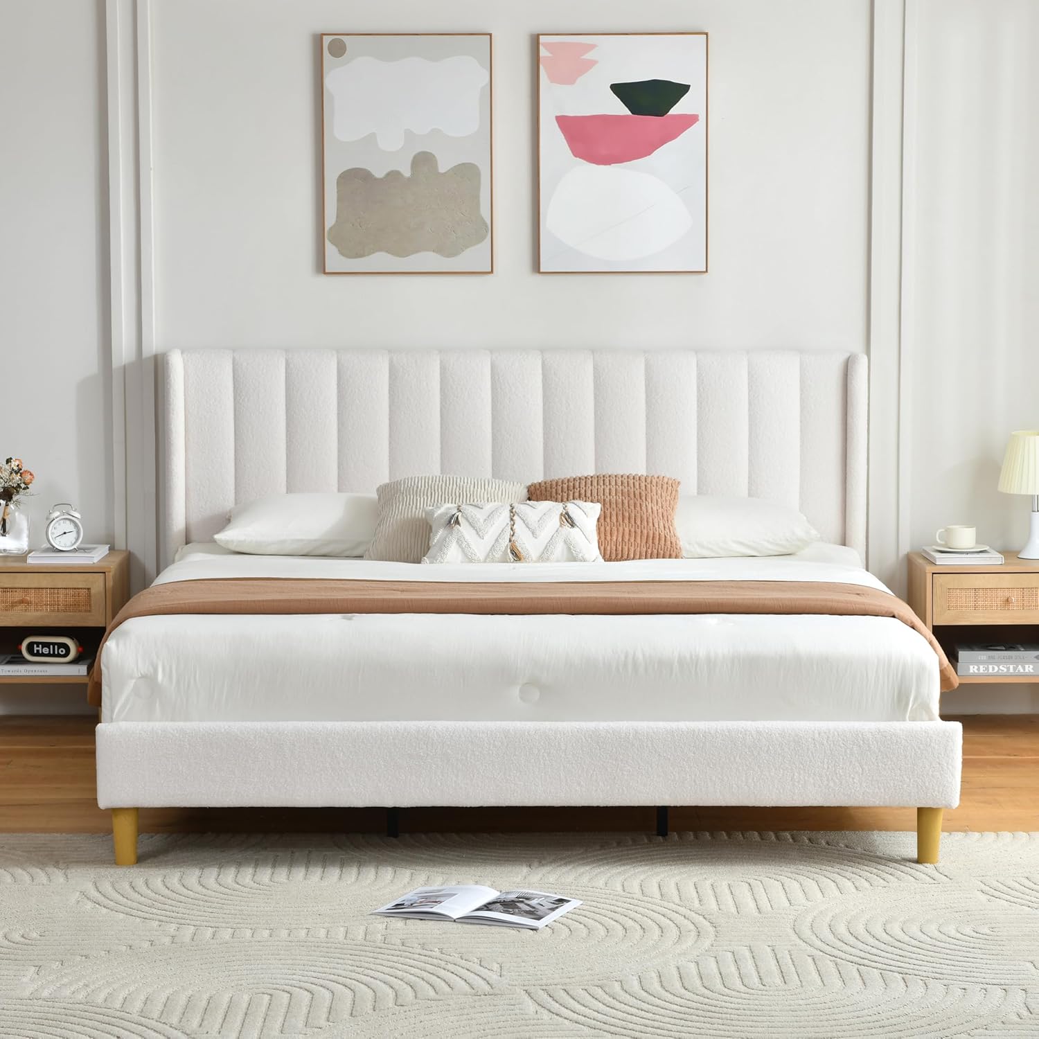 Twin Size Bed Frame, Velvet Upholstered Platform Bed with Vertical Channel Tufted Wingback Headboard, Wooden Slats Support, No Box Spring Needed, Noise-Free, Easy Assembly, Pink