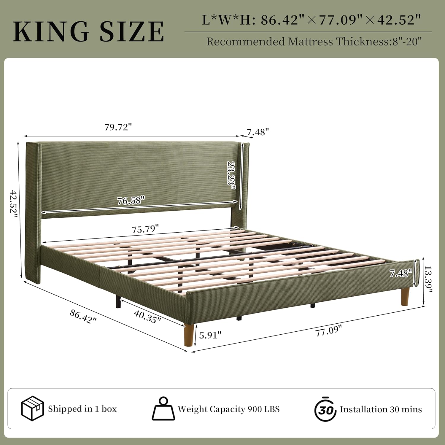 King Size Upholstered Platform Bed Frame with Modern Wingback Headboard, Corduroy Bed Frame with Underneath Storage, Wooden SLats Support, No Box Spring Needed, Easy Assenmbly, Turtle