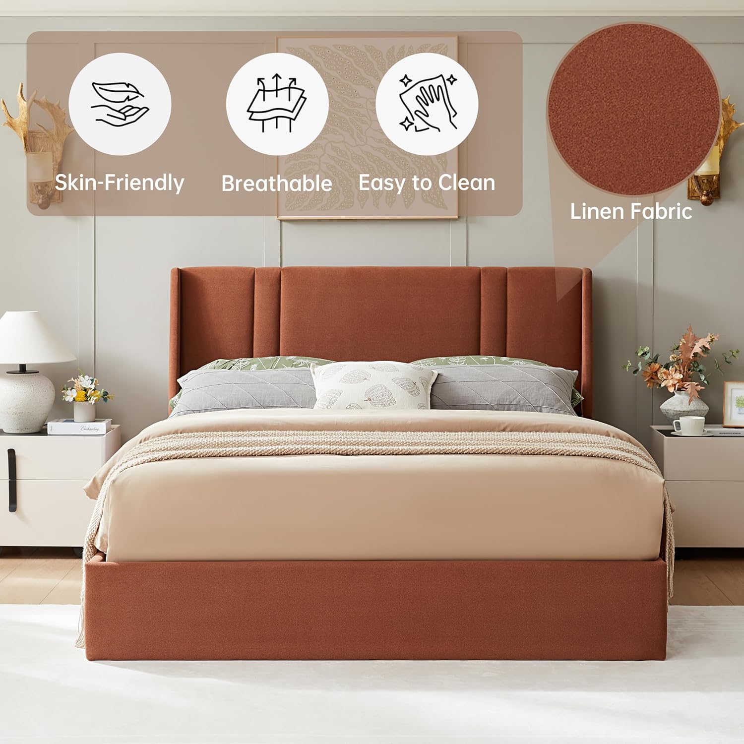 Queen Size Velvet Lift Up Storage Bed, Modern Wingback Headboard, Upholstered Platform Bed with Hydraulic Support, Metal Frame & Wood Slats, No Box Spring Needed, Easy Assembly, Ocher