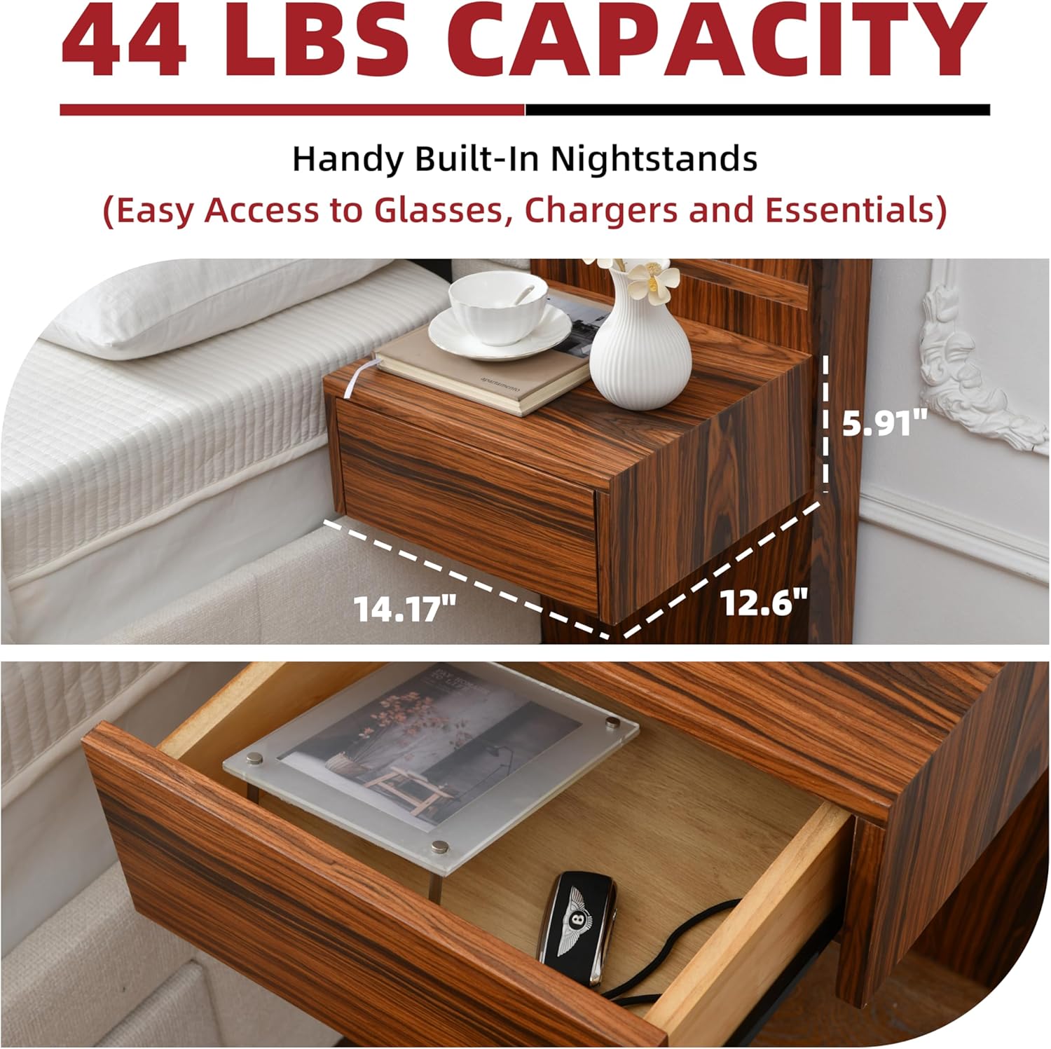 King Size Wood Bed Frame with Built-in Nightstands, Linen Platform Bed Frame with 2 Drawers, Natural Wood Grain & Luxury Upholstered Storage Headboard, No Box Spring Needed, Easy Assembly, Cream