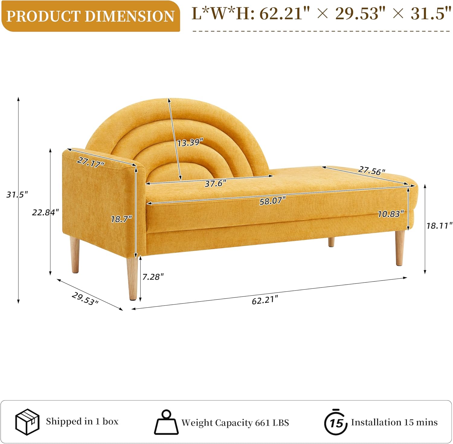31.5" Chaise Lounge Chair Indoor with Arc Backrest & Right Armrest, Upholstered Linen Fabric, Lounge Sofa for Living Room, Bedroom and Office, Easy Assembly, Yellow