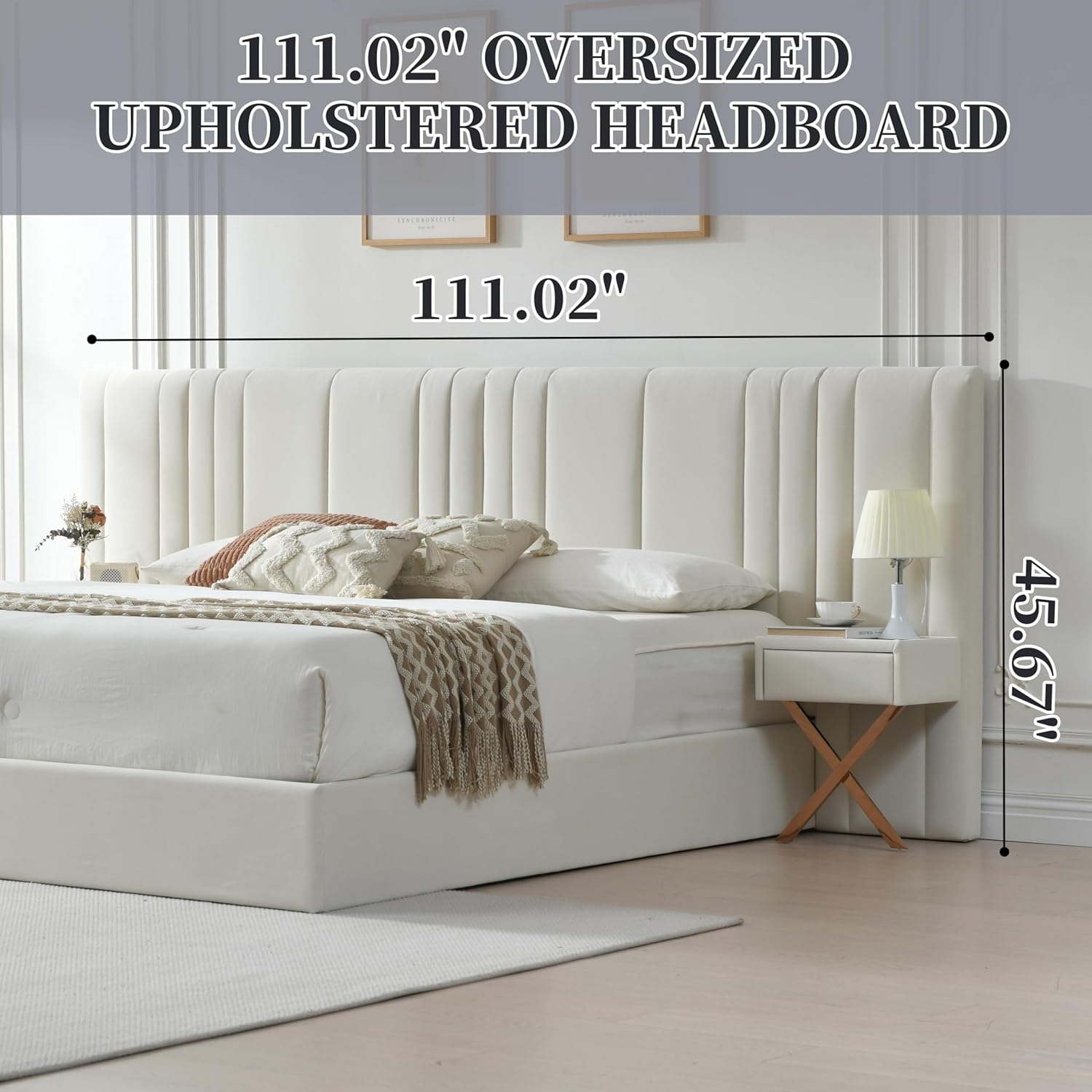 King Size Bed Frame with Built-in Nightstands, Lift Up Storage Bed with Oversize Upholstered Headboard, Luxury Bed Frame with Underneath Storage, Wood Slats Support, No Box Spring Needed, Cream
