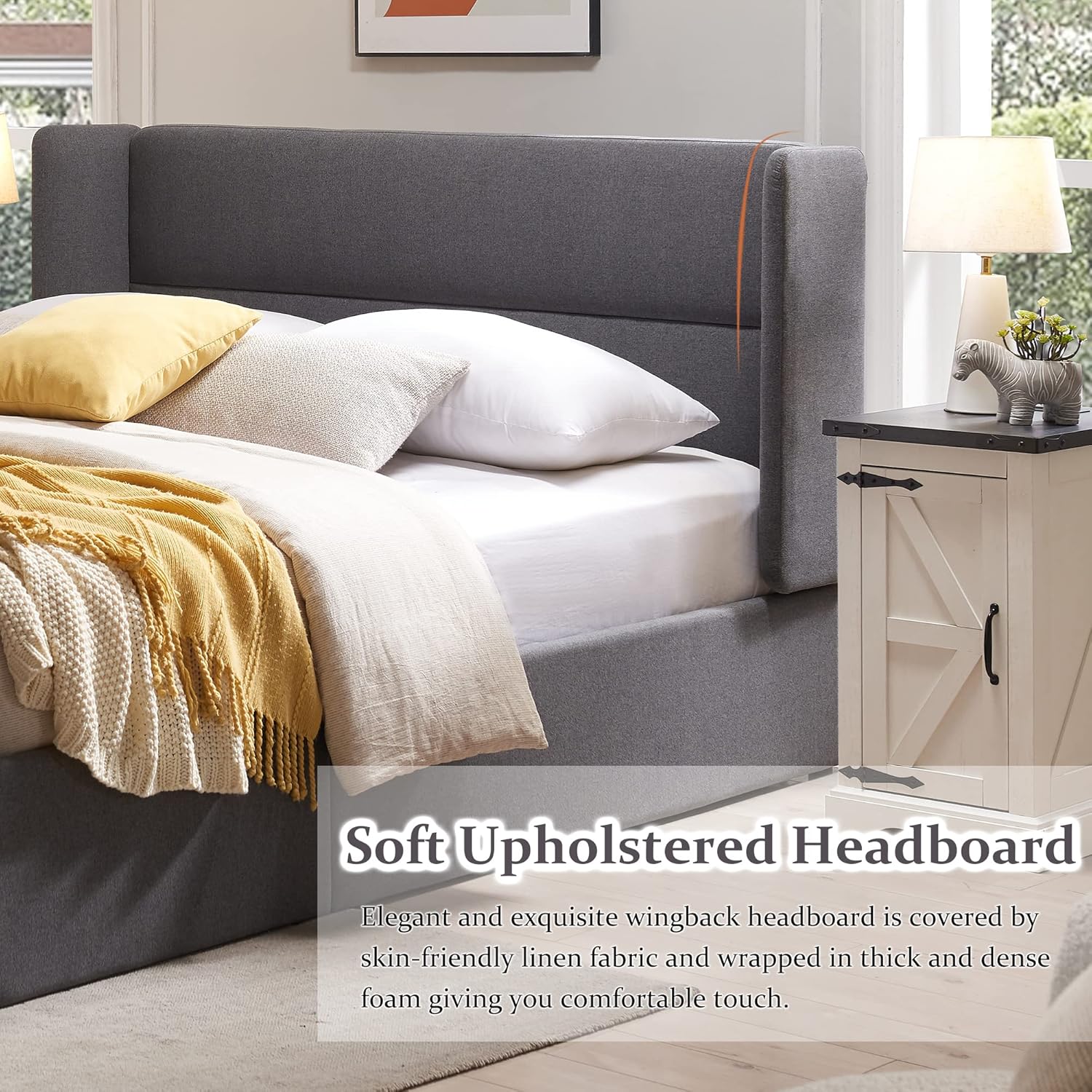 Full Size Upholstered Platform Bed Frame with Wingback Headboard, Wood Slats Support, Noiseless, Easy Assembly, No Box Spring Needed, Light Grey