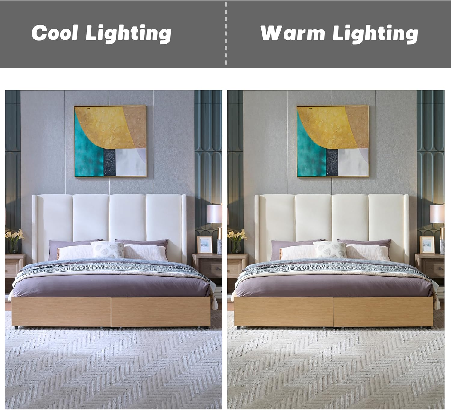 King Upholstered Bed Frame, Extra High Wingback Headboard and 2 Footboard Storage Drawers, Linen Fabric, Light Oak Wood-Finish Base, No Box Spring Needed, Easy Assembly, Beige