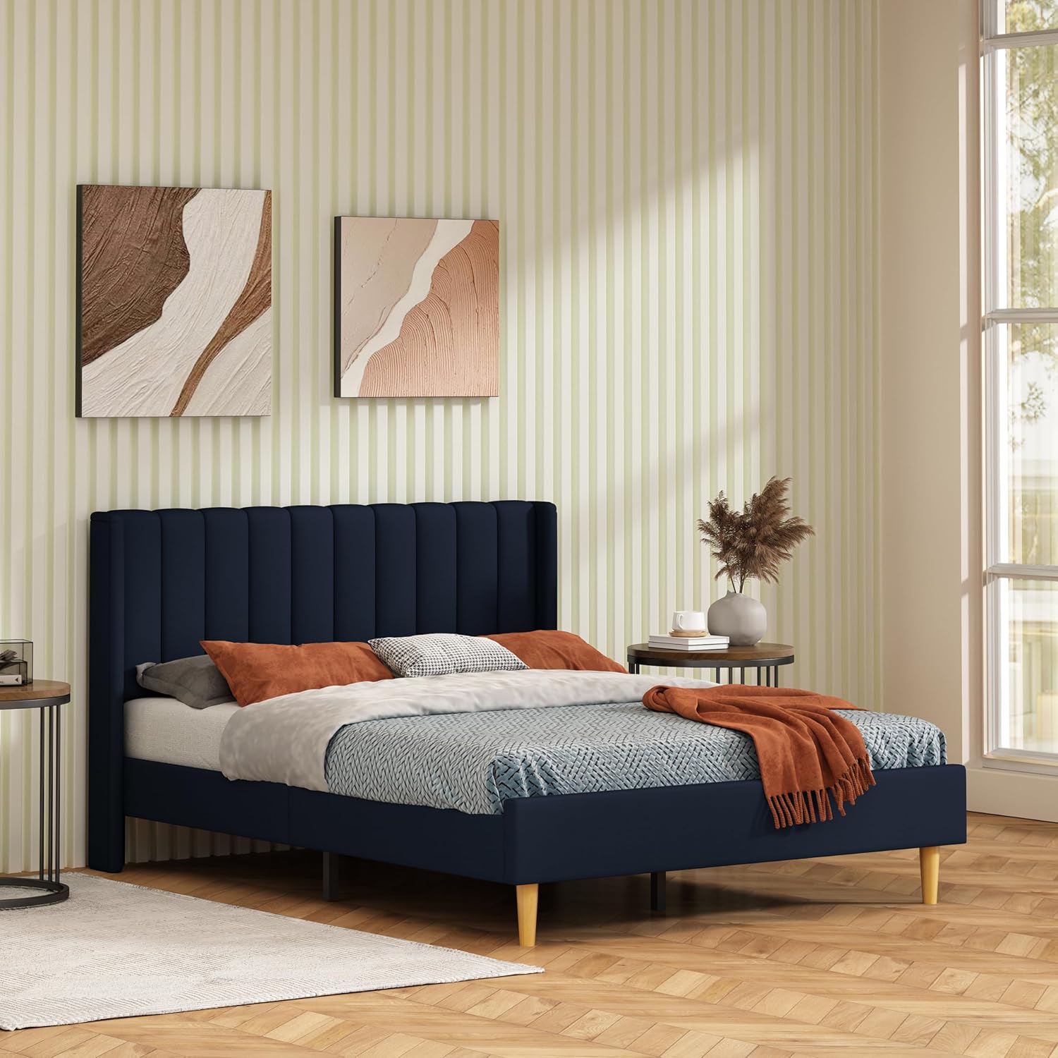 Twin Size Platform Bed Frame with Wingback Headboard, Velvet Fabric Upholsteredand, Metal Frame & Wooden Slats Support, No Box Spring Needed, Easy Assembly, Gray