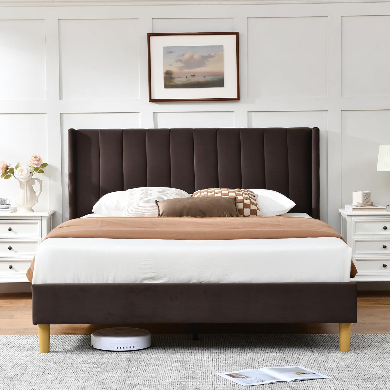 Twin Size Bed Frame, Velvet Upholstered Platform Bed with Vertical Channel Tufted Wingback Headboard, Wooden Slats Support, No Box Spring Needed, Noise-Free, Easy Assembly, Pink