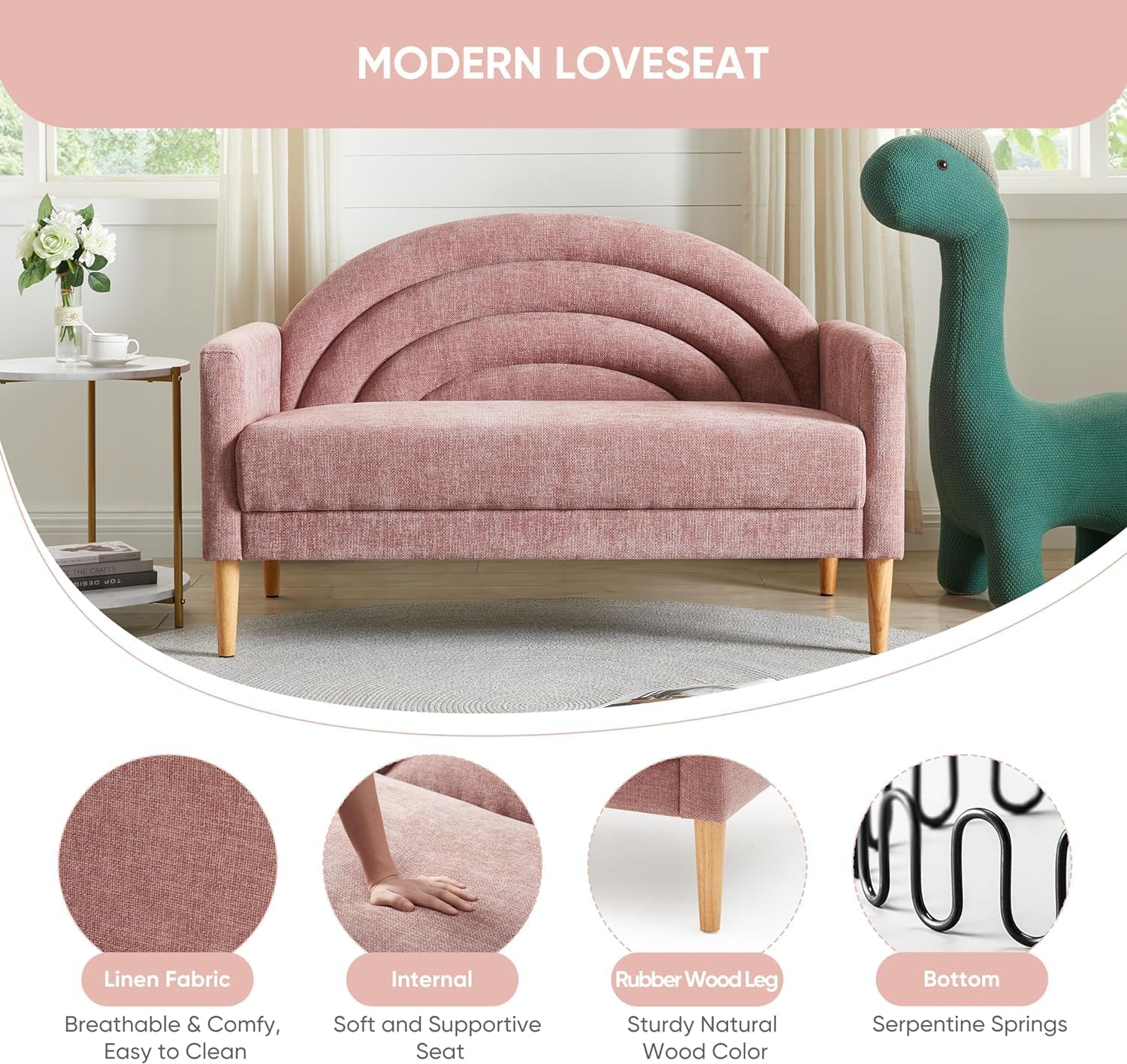 50" Loveseat Sofa, Comfy Couch with Spring Cushions, Small Sofa for Small Spaces, Mid Century Modern Linen Upholstered 2 Seater for Living Rooms/Bedrooms/Office, Wood Frame, Easy Assmbly, Pink