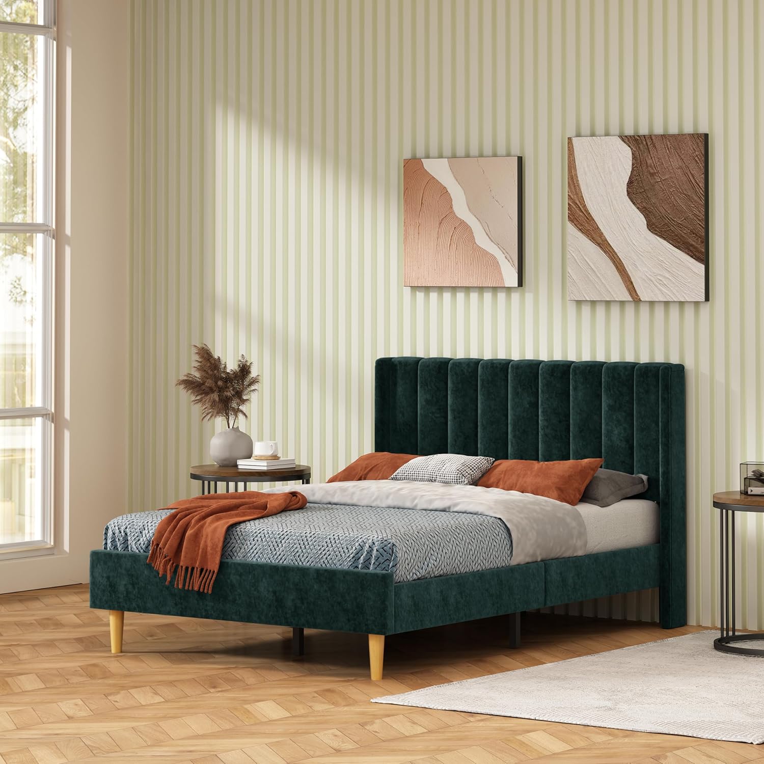 Twin Size Platform Bed Frame with Wingback Headboard, Velvet Fabric Upholsteredand, Metal Frame & Wooden Slats Support, No Box Spring Needed, Easy Assembly, Gray