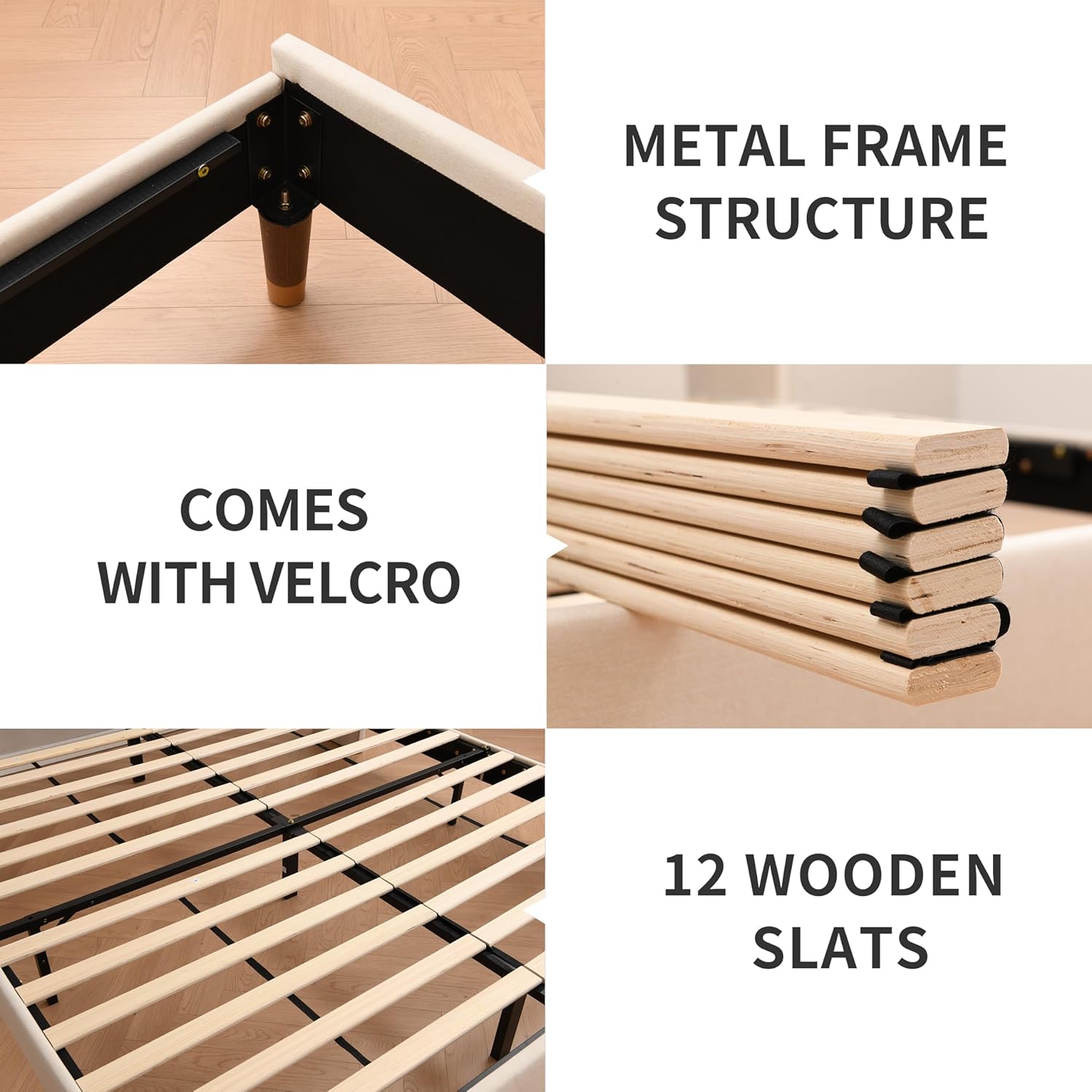 Queen Size Upholstered Platform Bed Frame, 15.16" Gold Edge Wingback Headboard, Linen Fabric & Wooden Slats, No Box Spring Needed, Easy Assembly, Beige