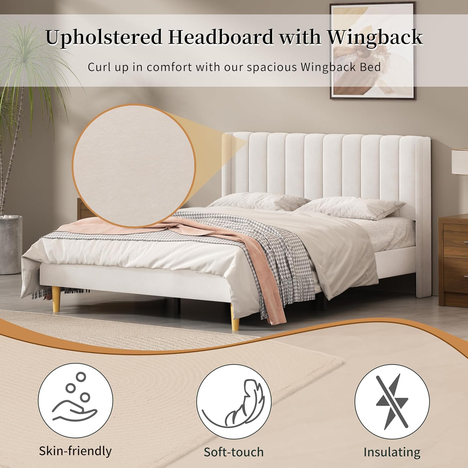 Queen Size Upholstered Platform Bed Frame with Headboard and Legsboard, Wooden Slats, Velvet Fabric, 5.9" Wood Bed Legs, No Box Spring Needed, Easy Assembly, Cream