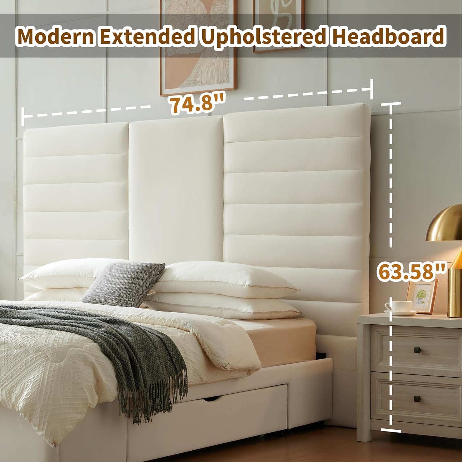 King Size Bed Frame with 2 Storage Drawers, Platform Bed Frame with Velvet Fabric, Wood Bed Frame with Headboard & Storage Underneath, Wooden Slats, No Box Spring Needed, Easy Assembly, Cream